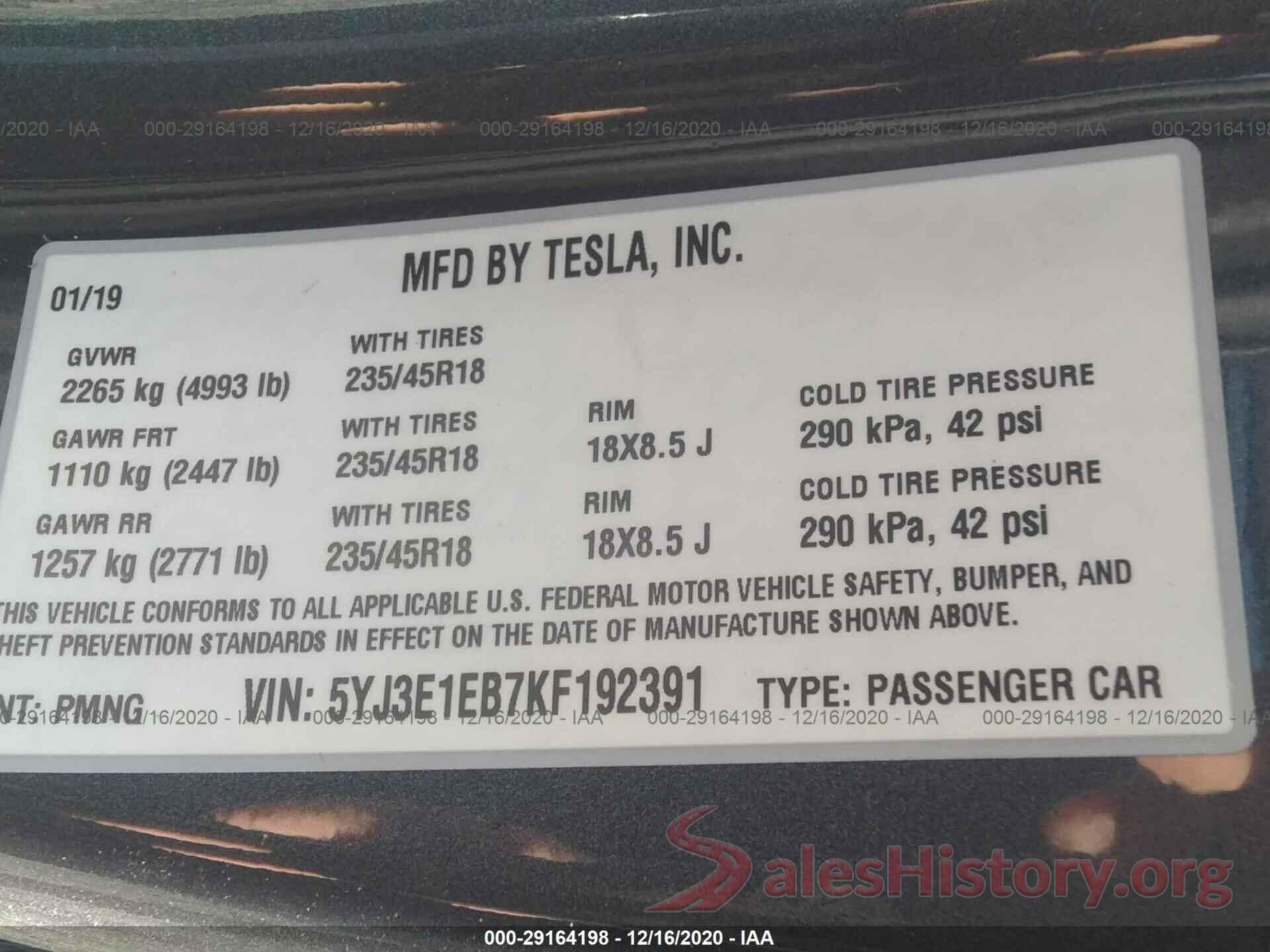 5YJ3E1EB7KF192391 2019 TESLA MODEL 3