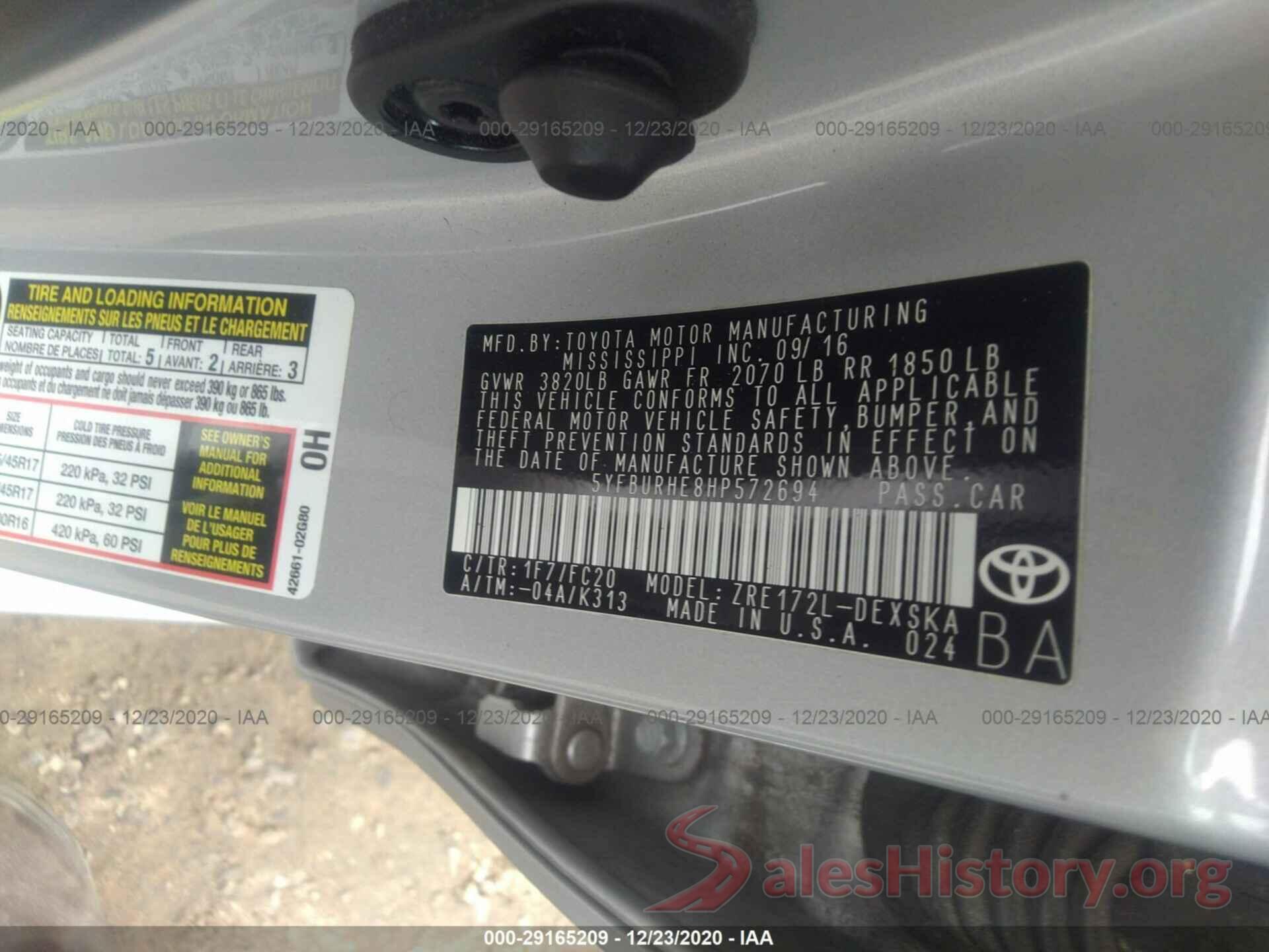 5YFBURHE8HP572694 2017 TOYOTA COROLLA