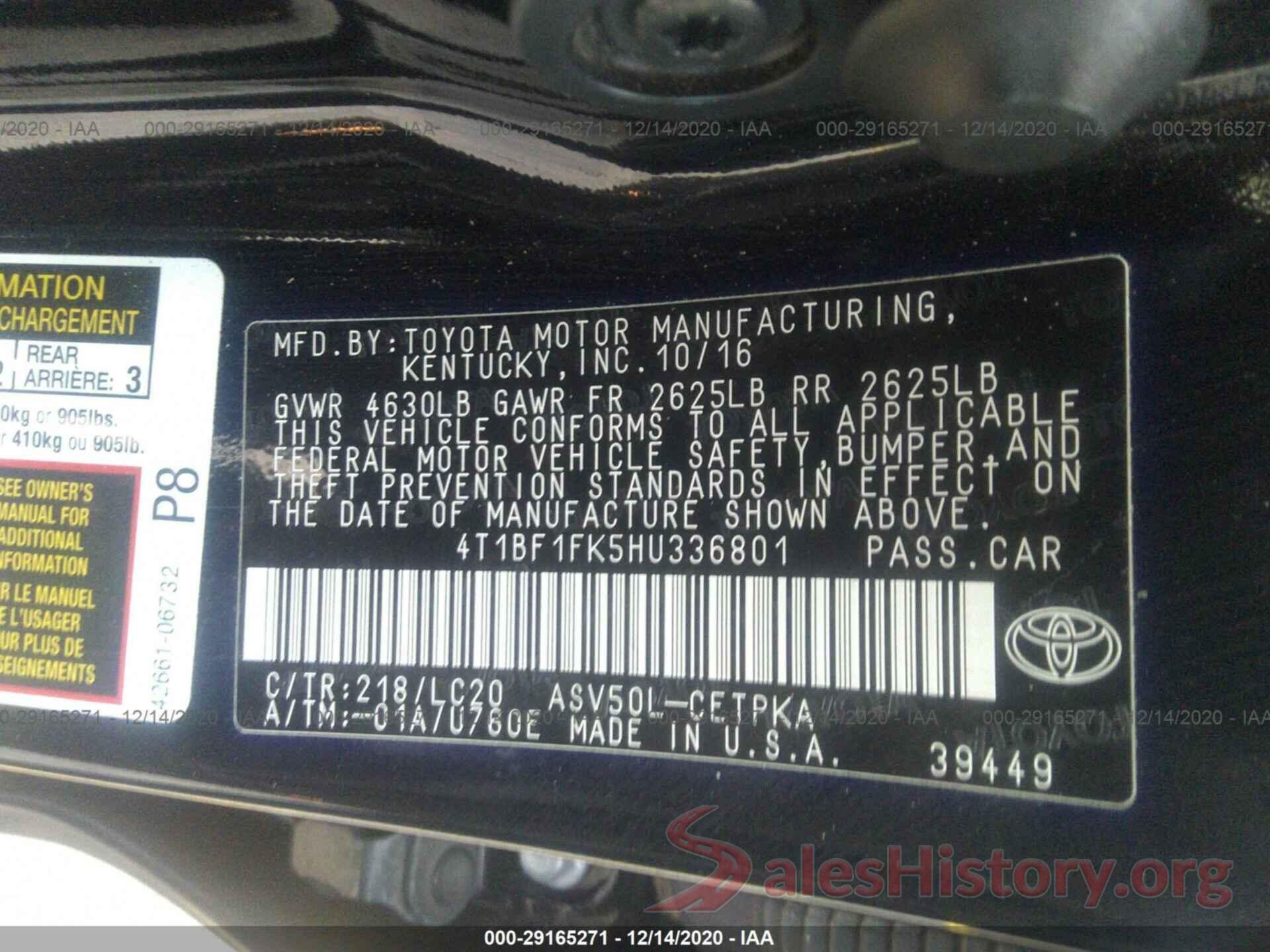 4T1BF1FK5HU336801 2017 TOYOTA CAMRY