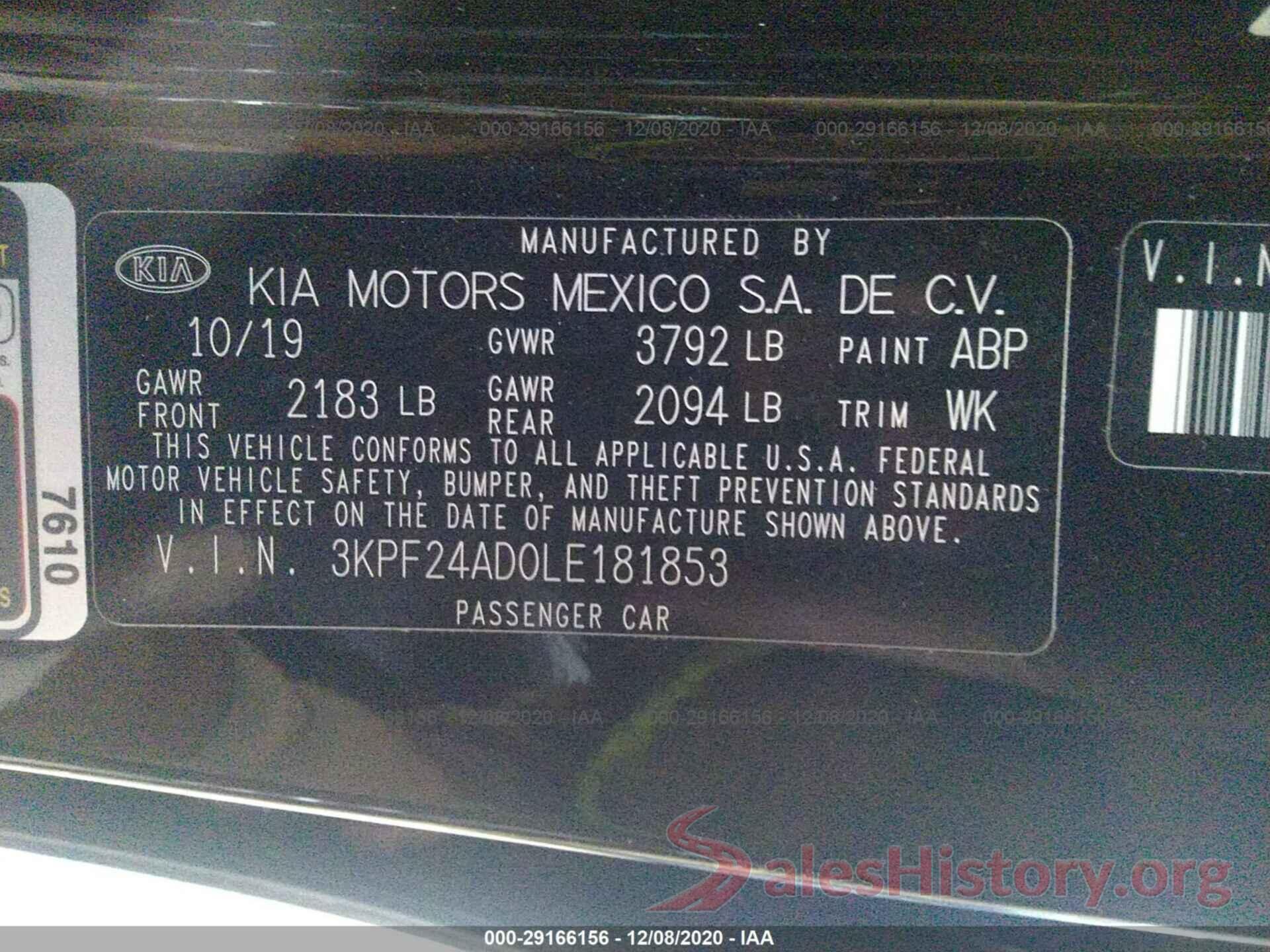 3KPF24AD0LE181853 2020 KIA FORTE