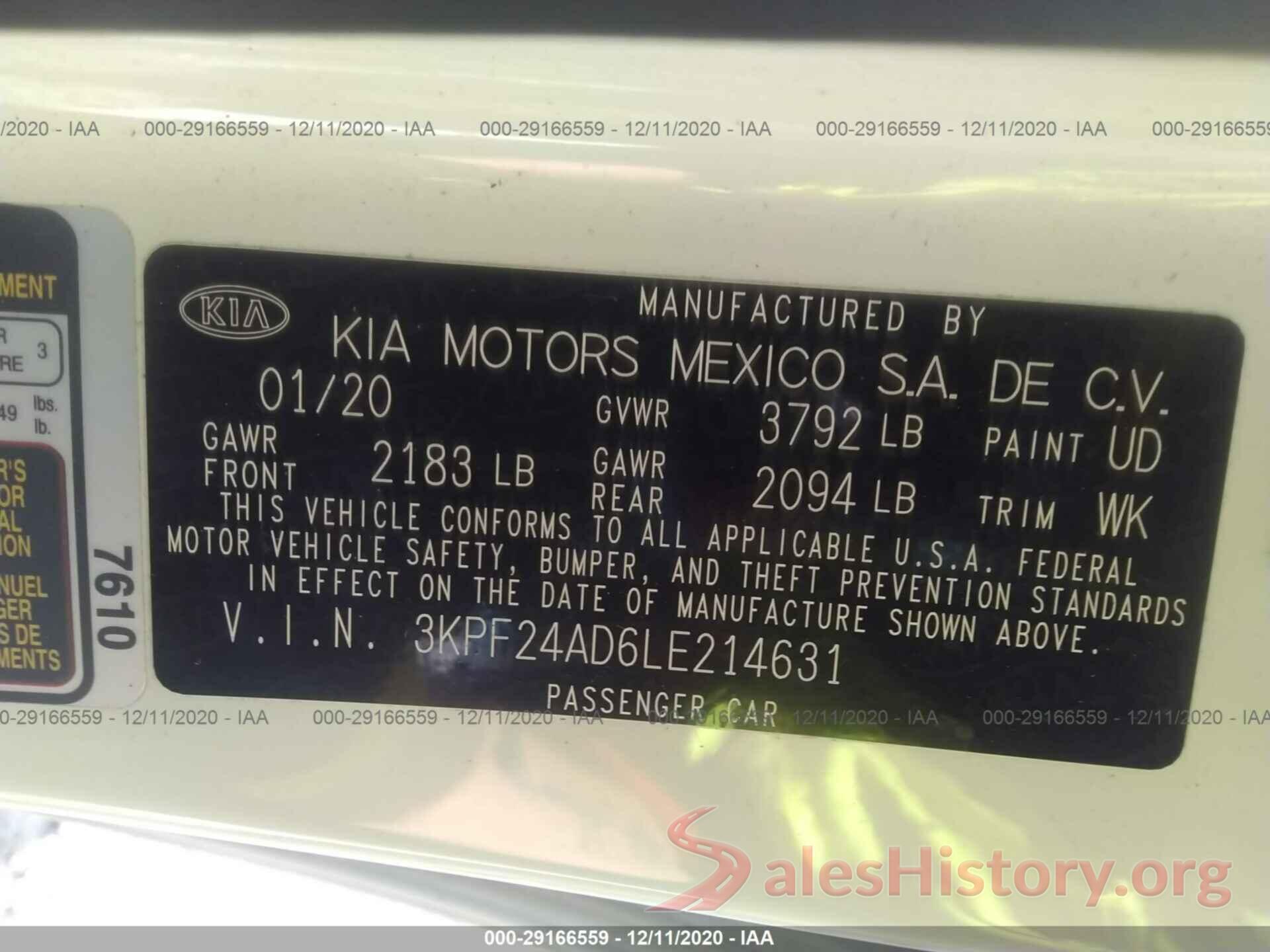 3KPF24AD6LE214631 2020 KIA FORTE