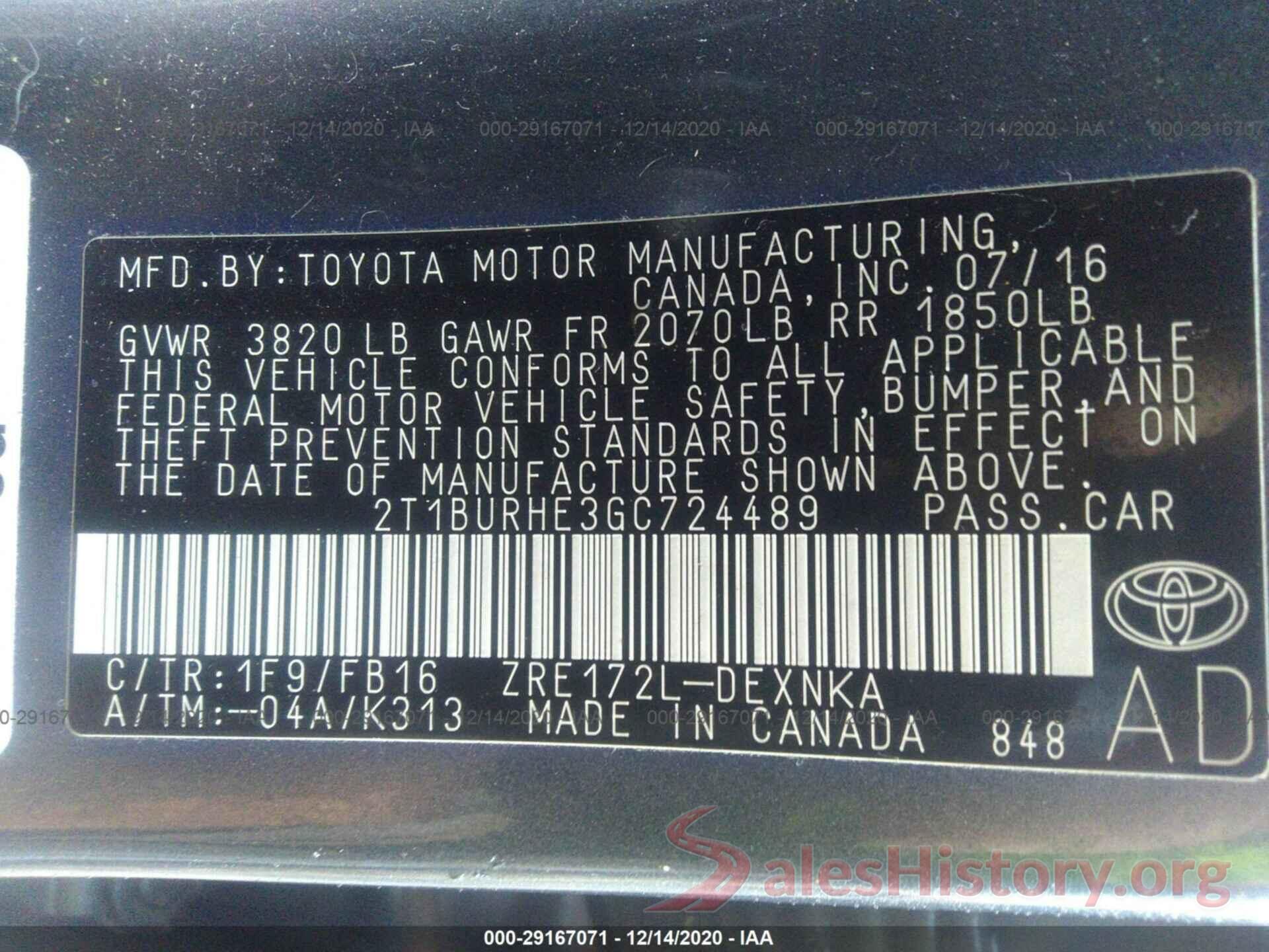 2T1BURHE3GC724489 2016 TOYOTA COROLLA