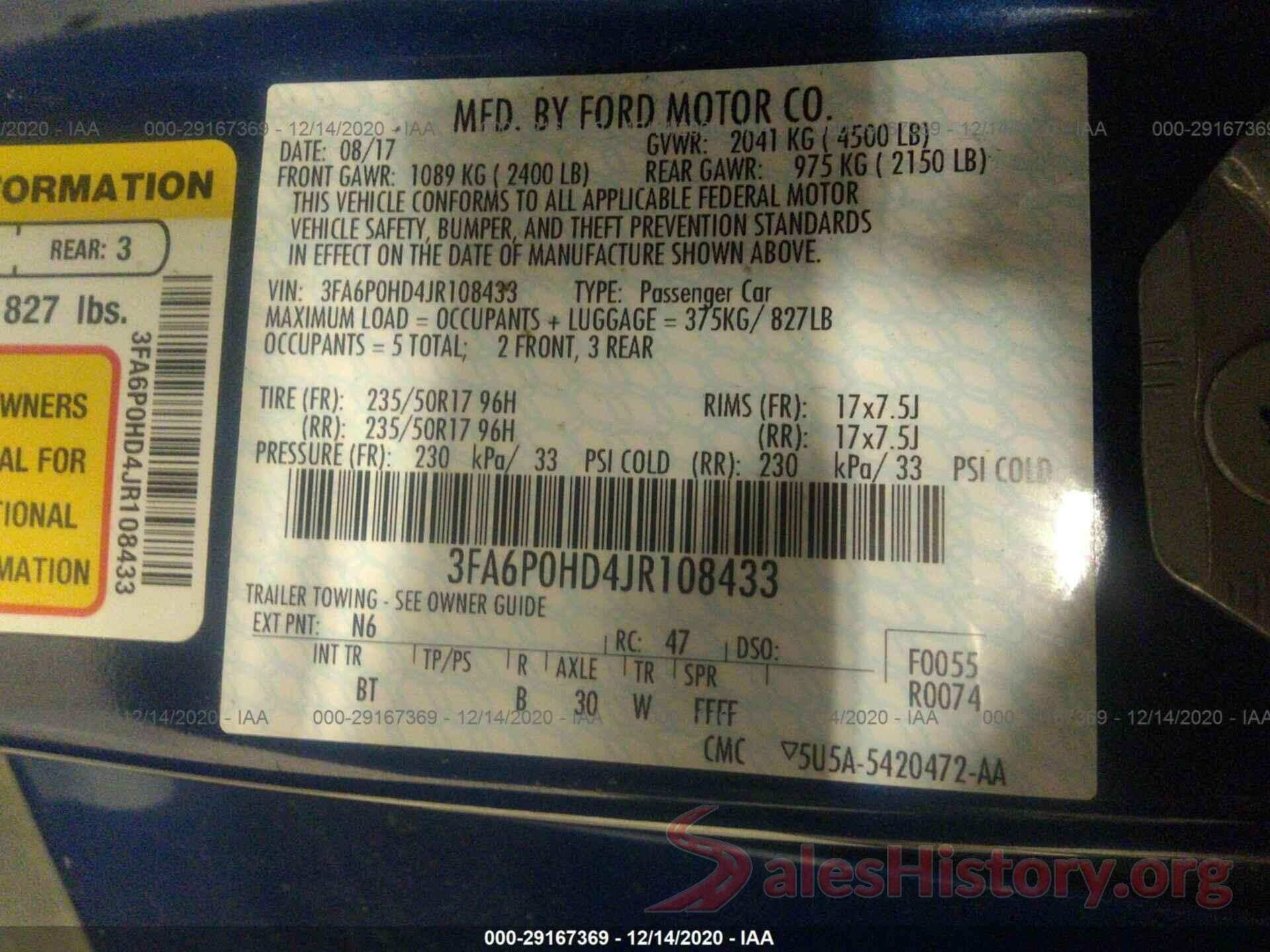 3FA6P0HD4JR108433 2018 FORD FUSION