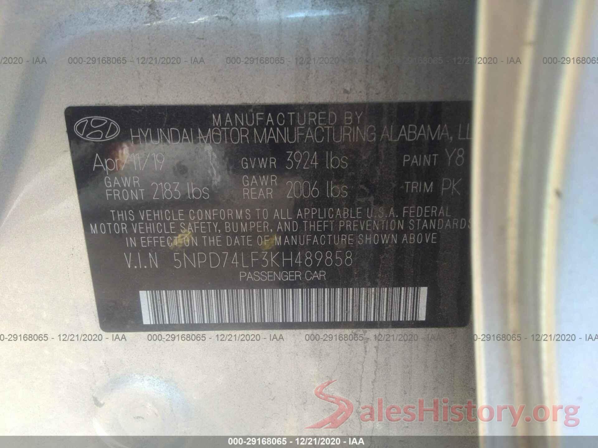 5NPD74LF3KH489858 2019 HYUNDAI ELANTRA