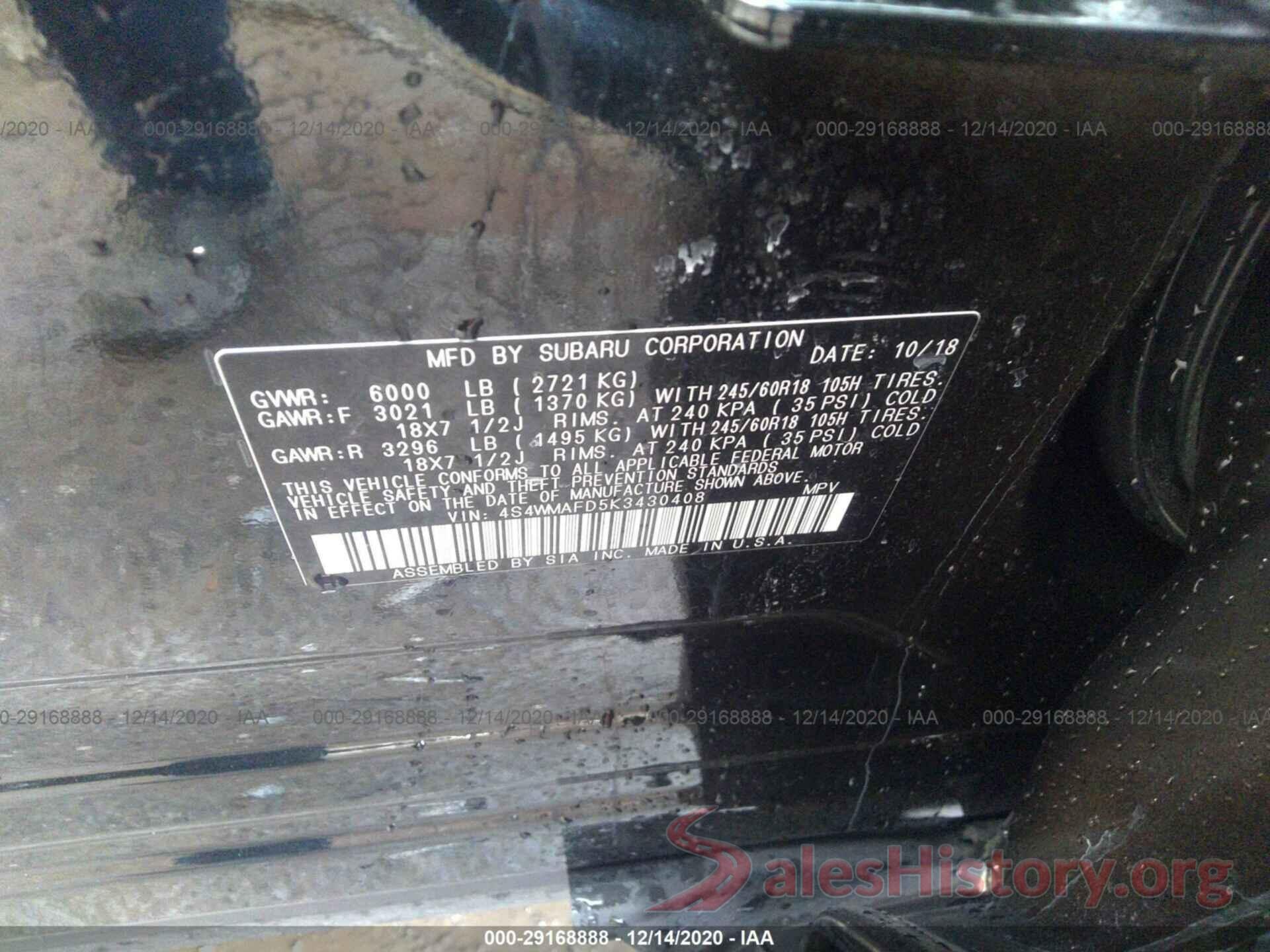 4S4WMAFD5K3430408 2019 SUBARU ASCENT