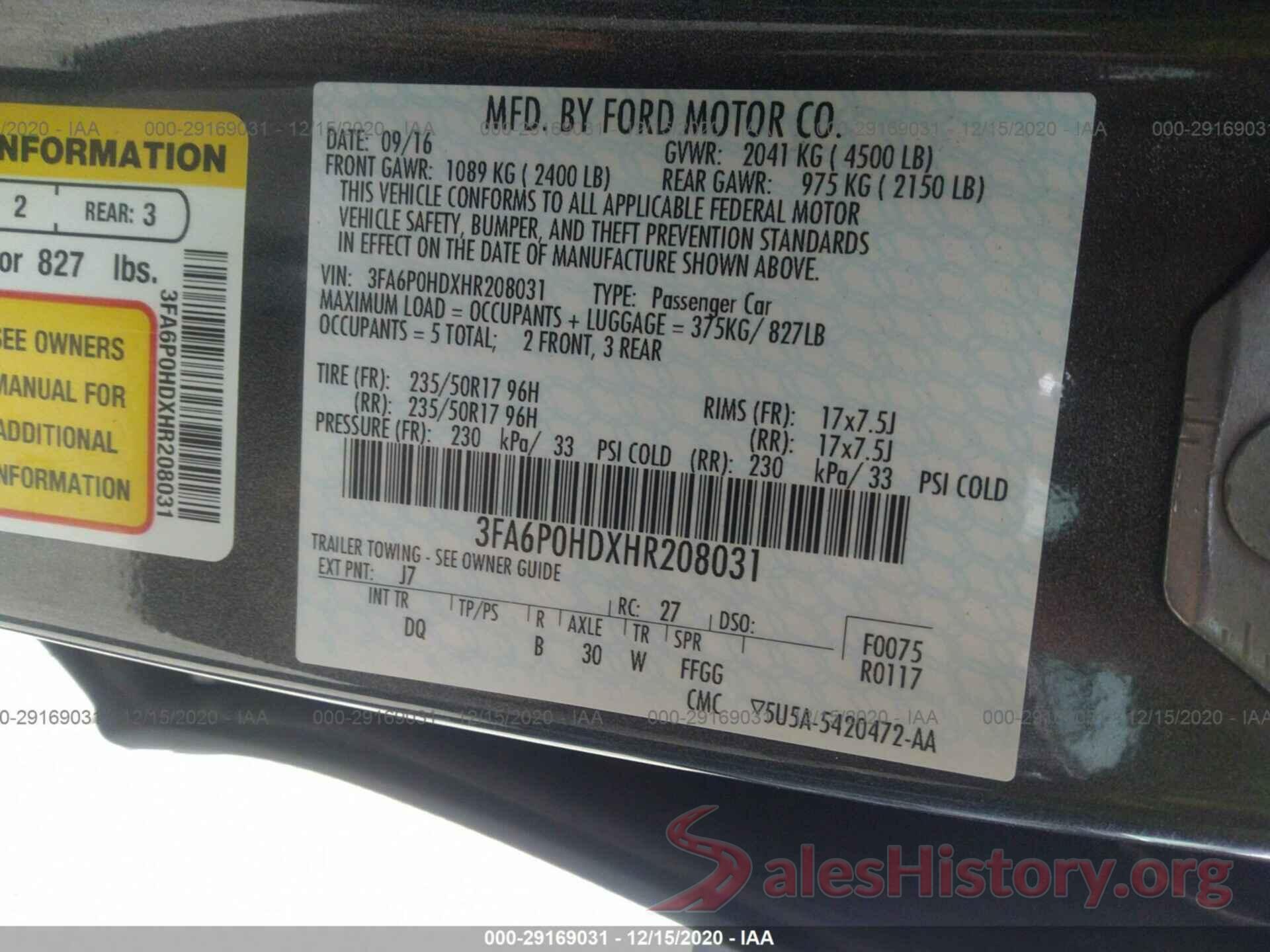 3FA6P0HDXHR208031 2017 FORD FUSION