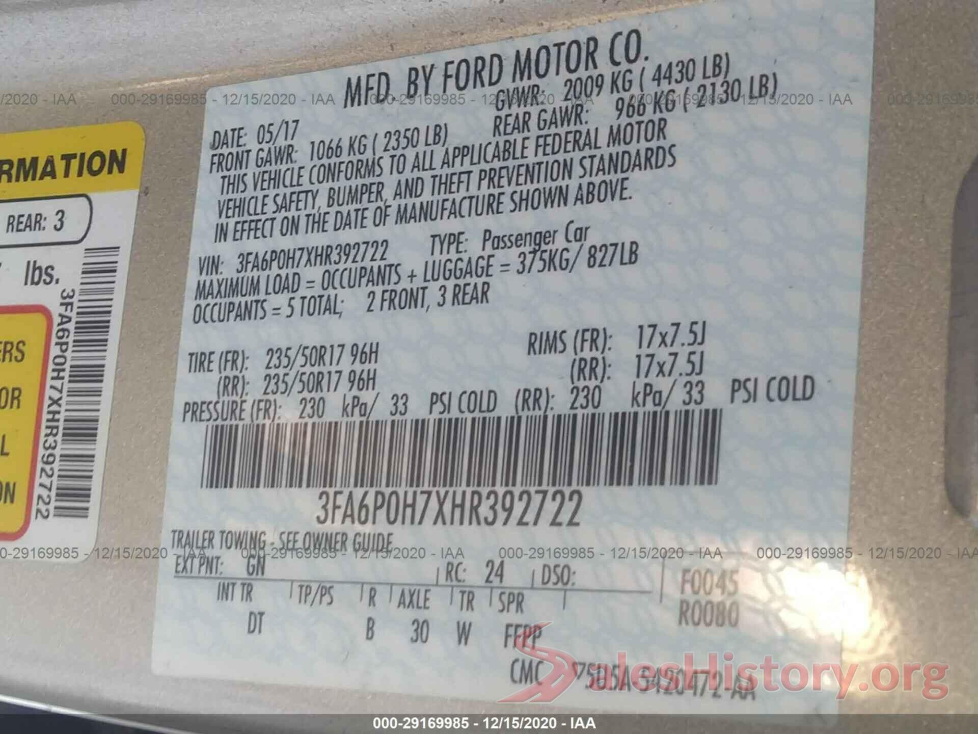 3FA6P0H7XHR392722 2017 FORD FUSION