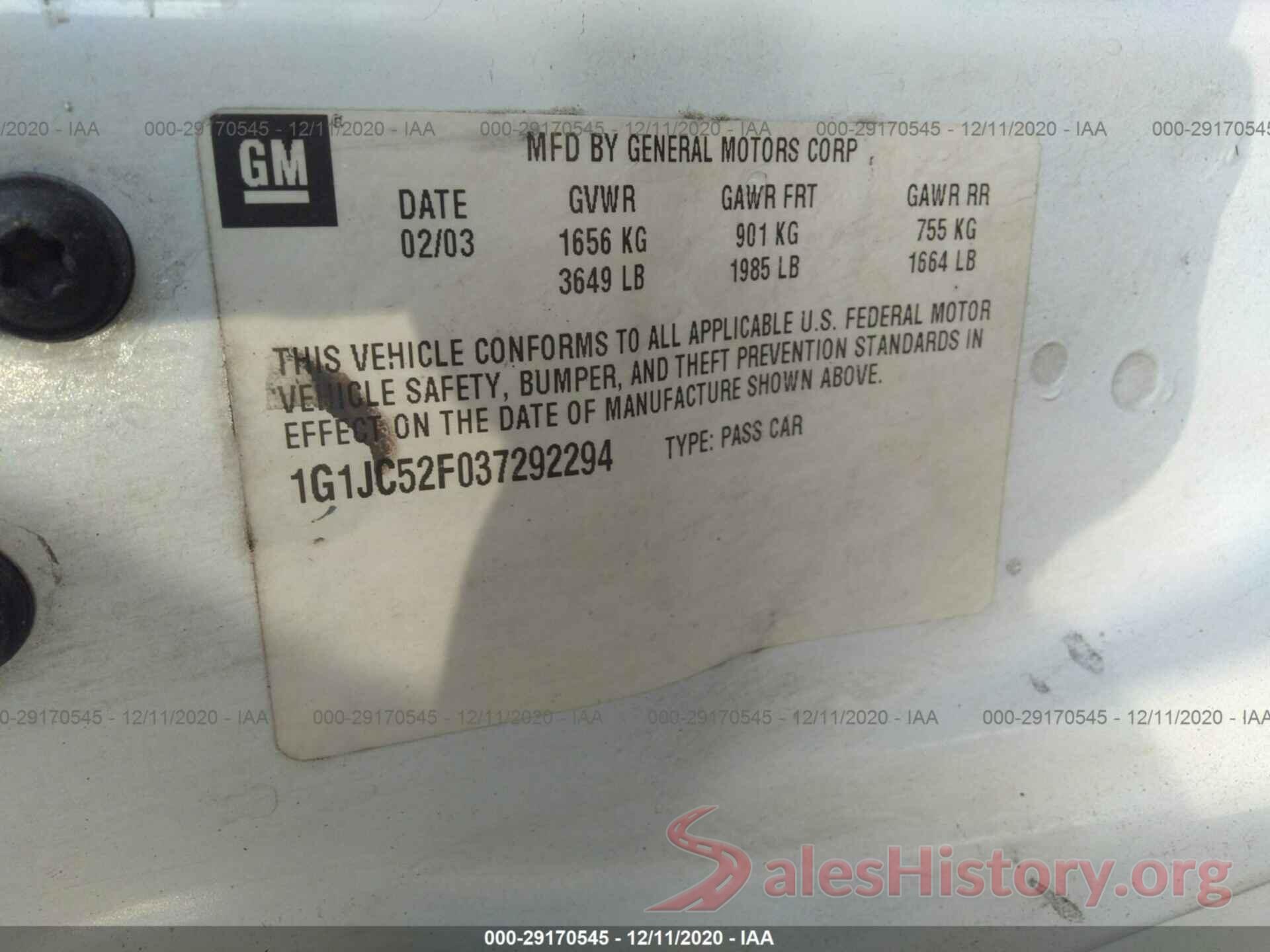 1G1JC52F037292294 2003 CHEVROLET CAVALIER