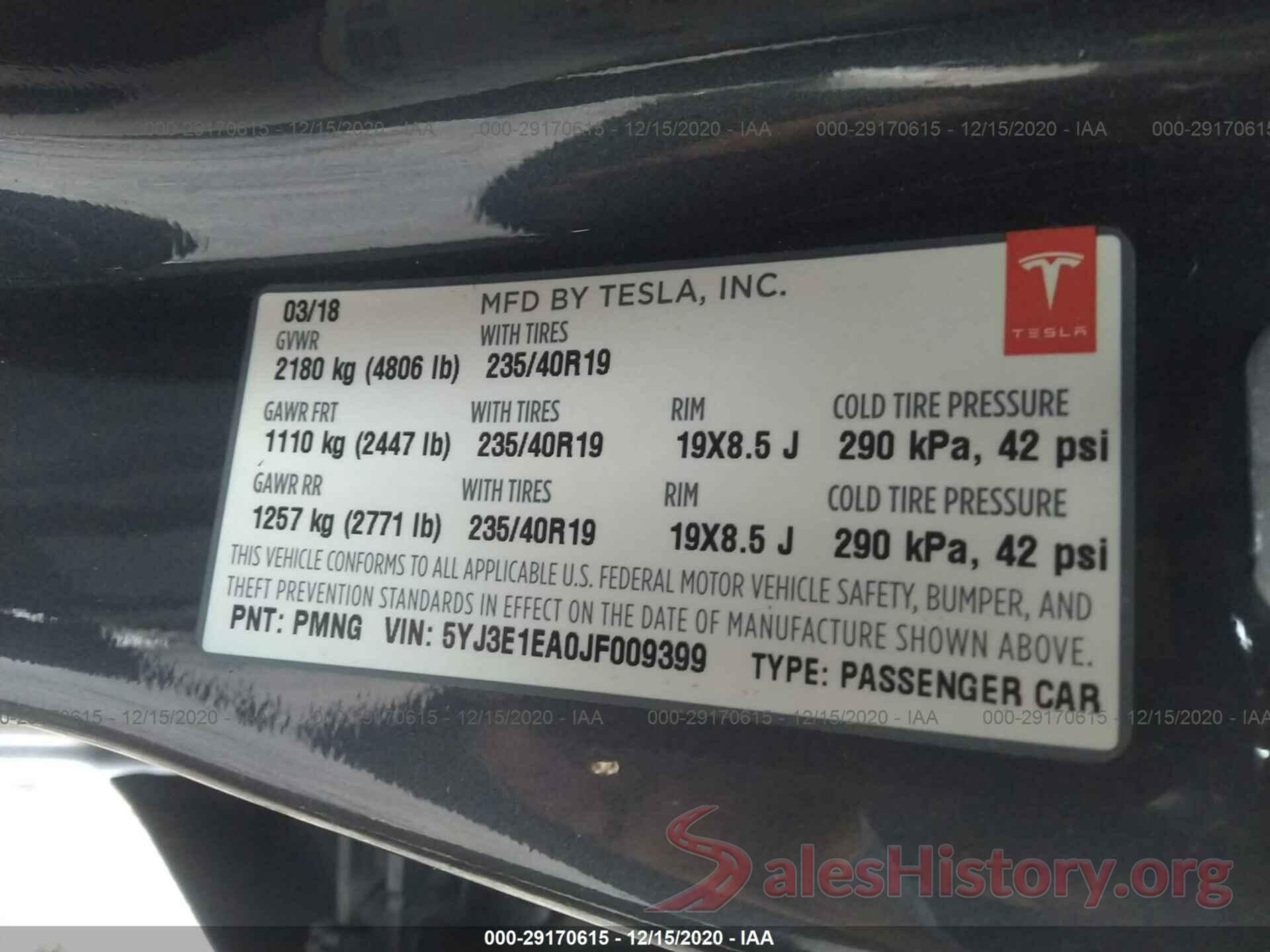 5YJ3E1EA0JF009399 2018 TESLA MODEL 3