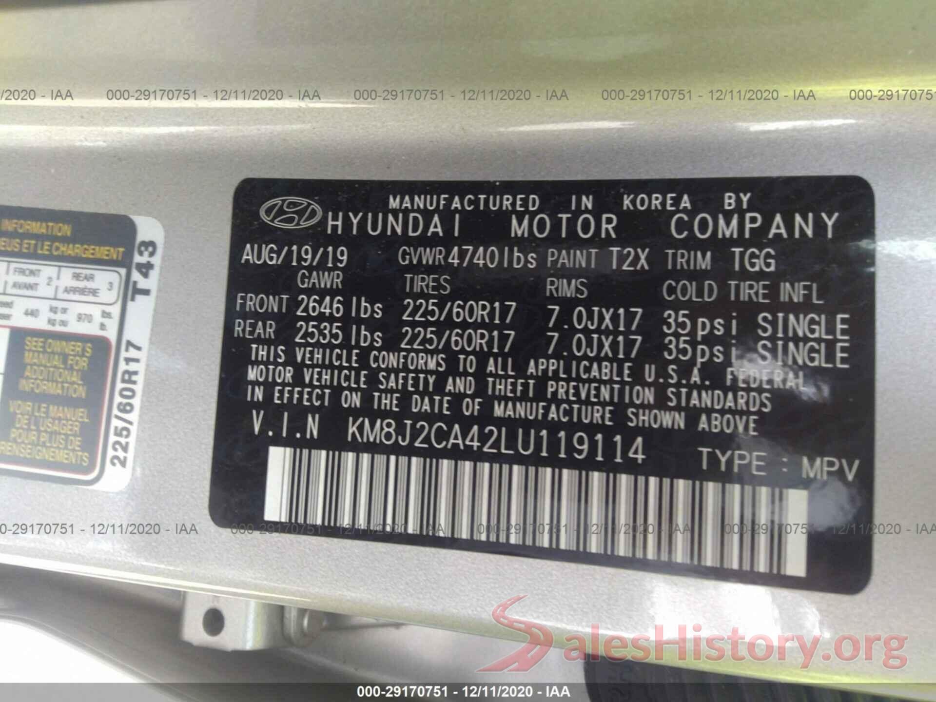 KM8J2CA42LU119114 2020 HYUNDAI TUCSON