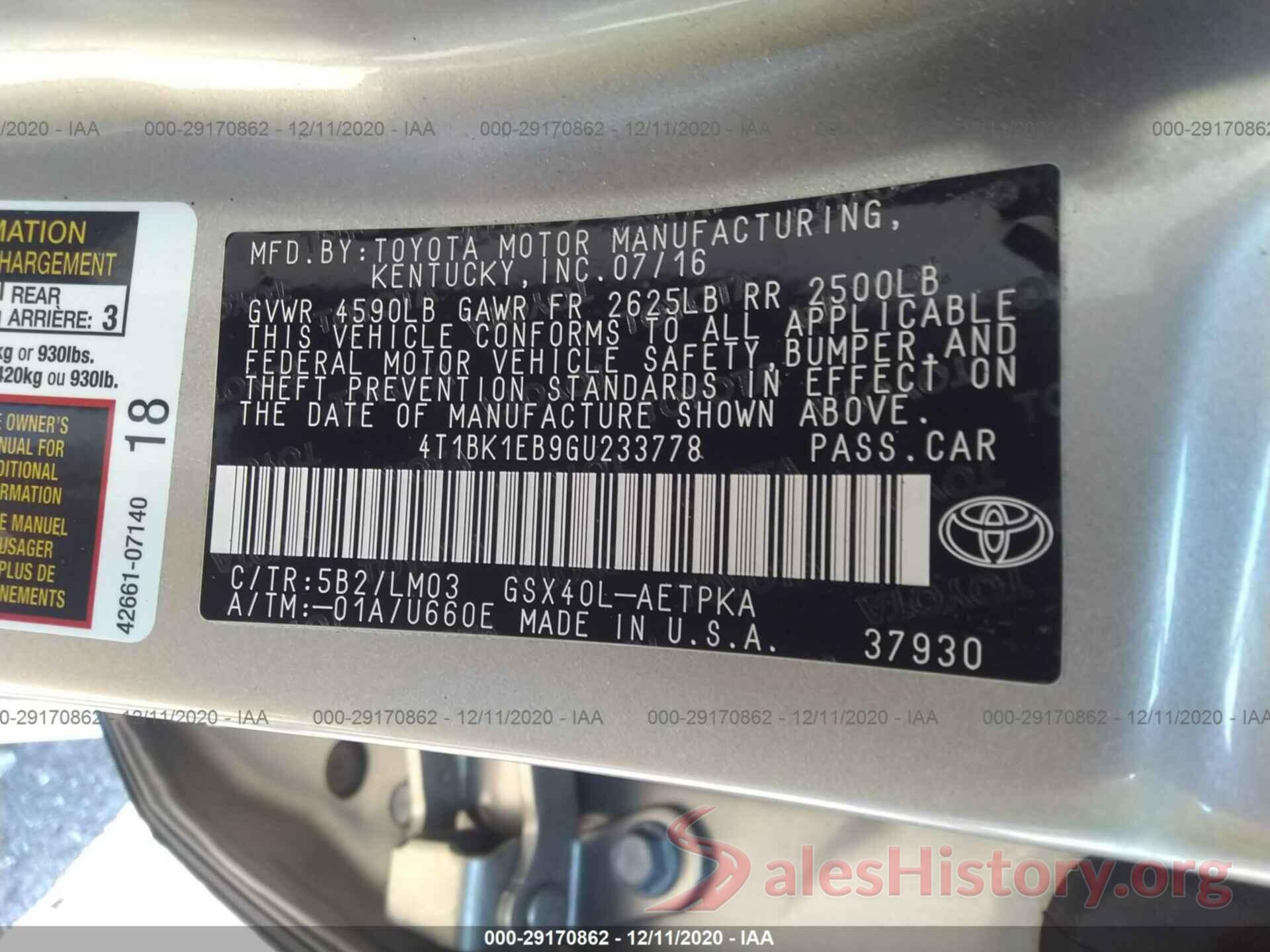 4T1BK1EB9GU233778 2016 TOYOTA AVALON