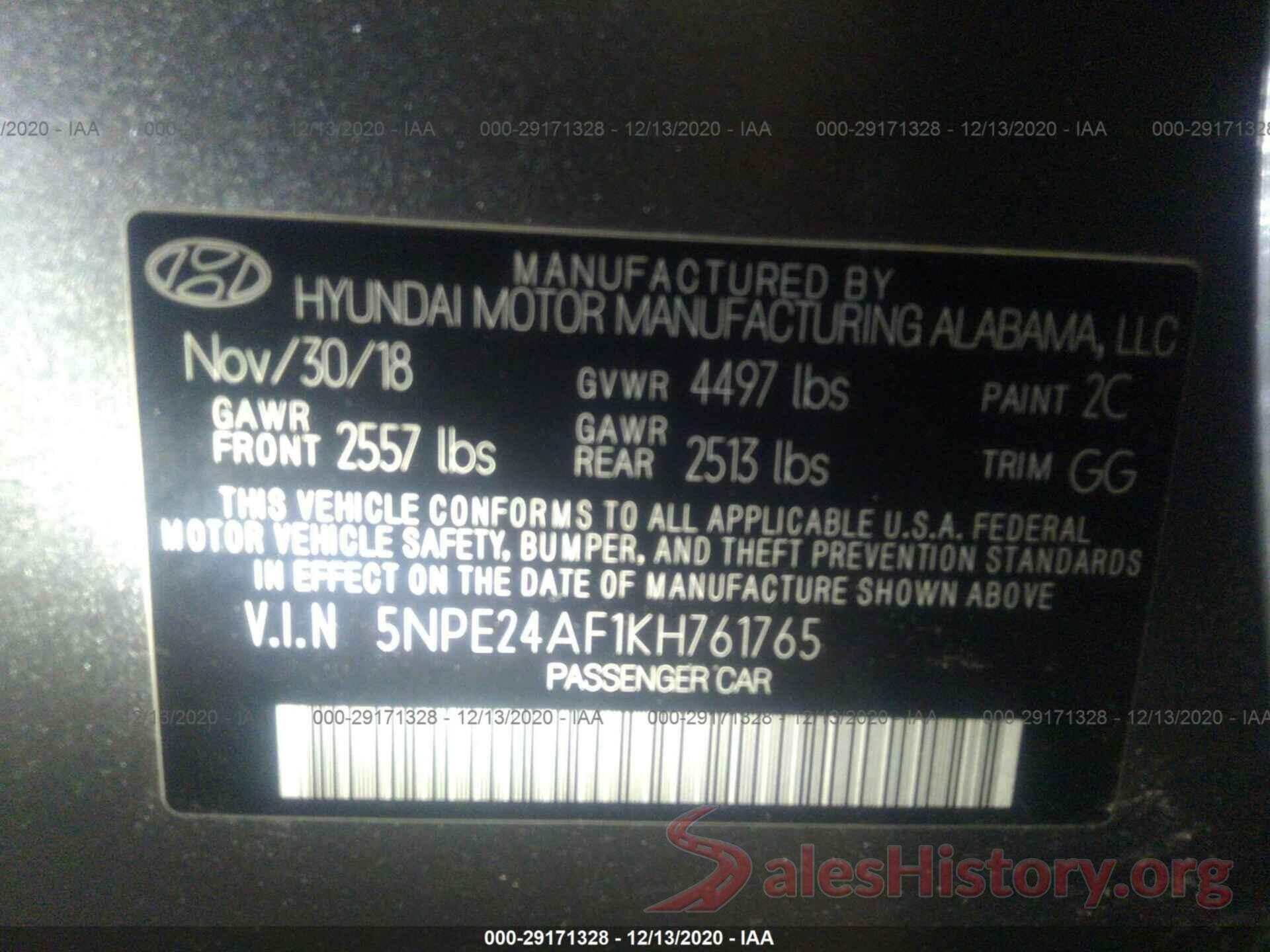 5NPE24AF1KH761765 2019 HYUNDAI SONATA