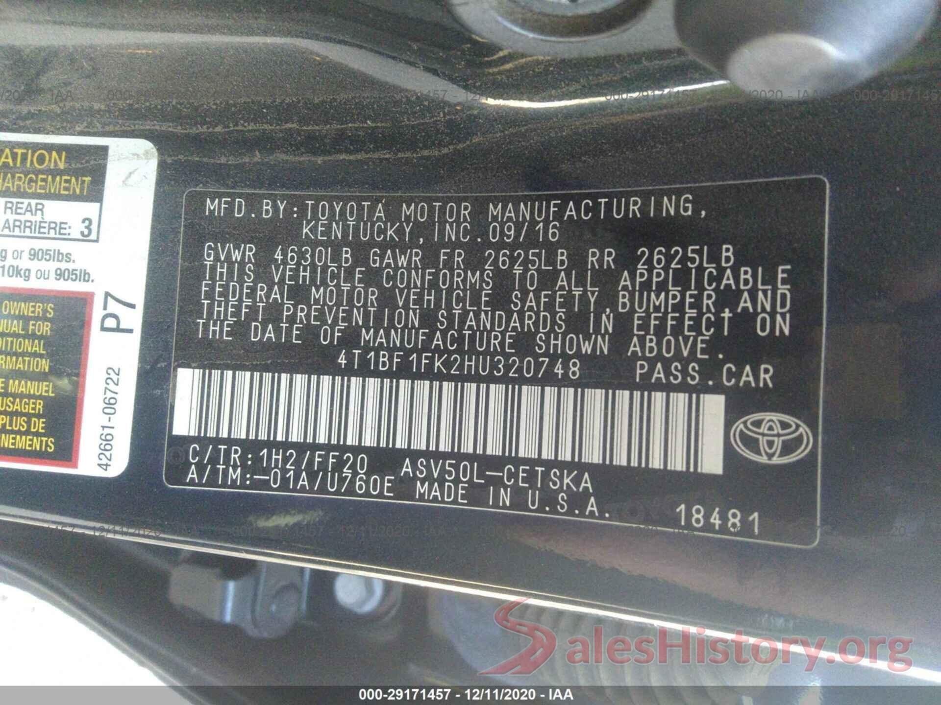 4T1BF1FK2HU320748 2017 TOYOTA CAMRY