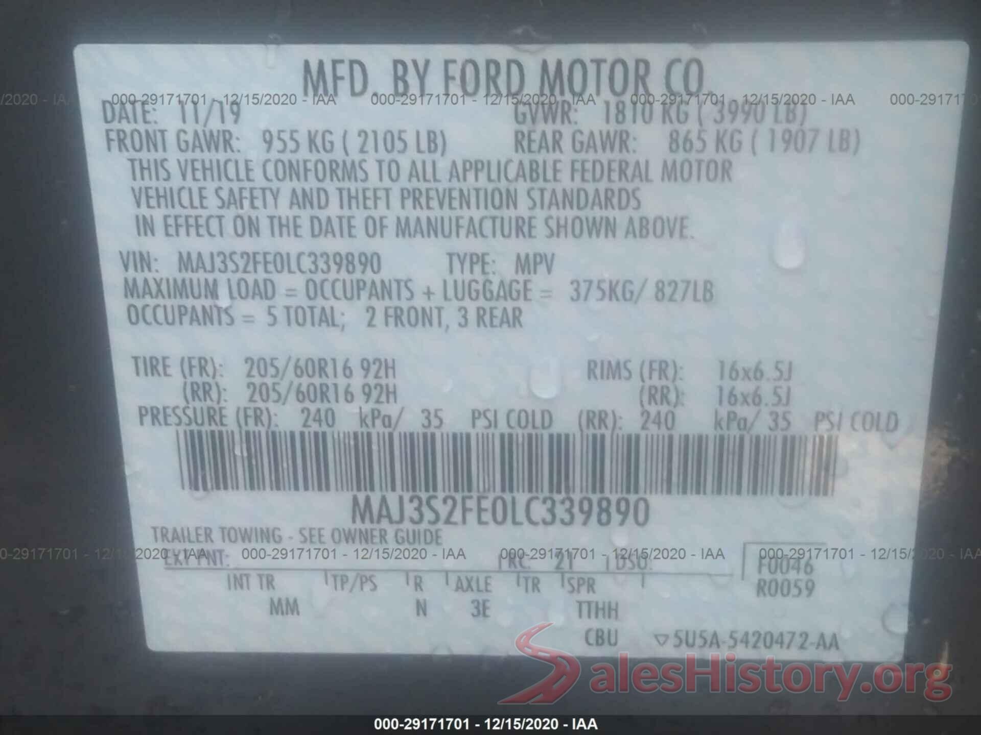 MAJ3S2FE0LC339890 2020 FORD ECOSPORT