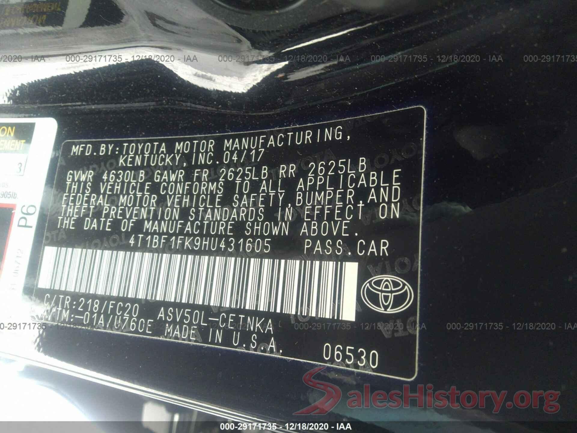 4T1BF1FK9HU431605 2017 TOYOTA CAMRY