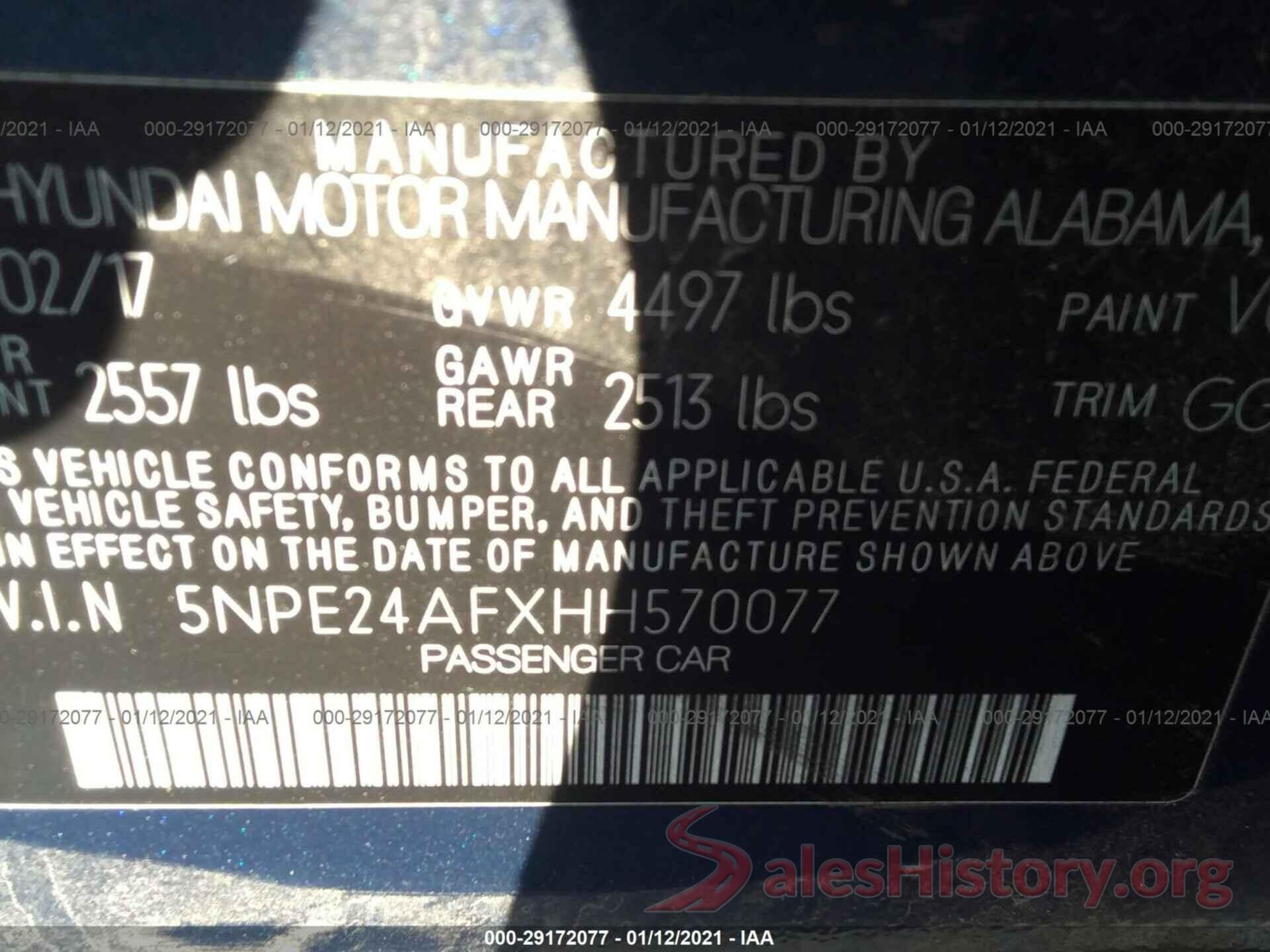 5NPE24AFXHH570077 2017 HYUNDAI SONATA