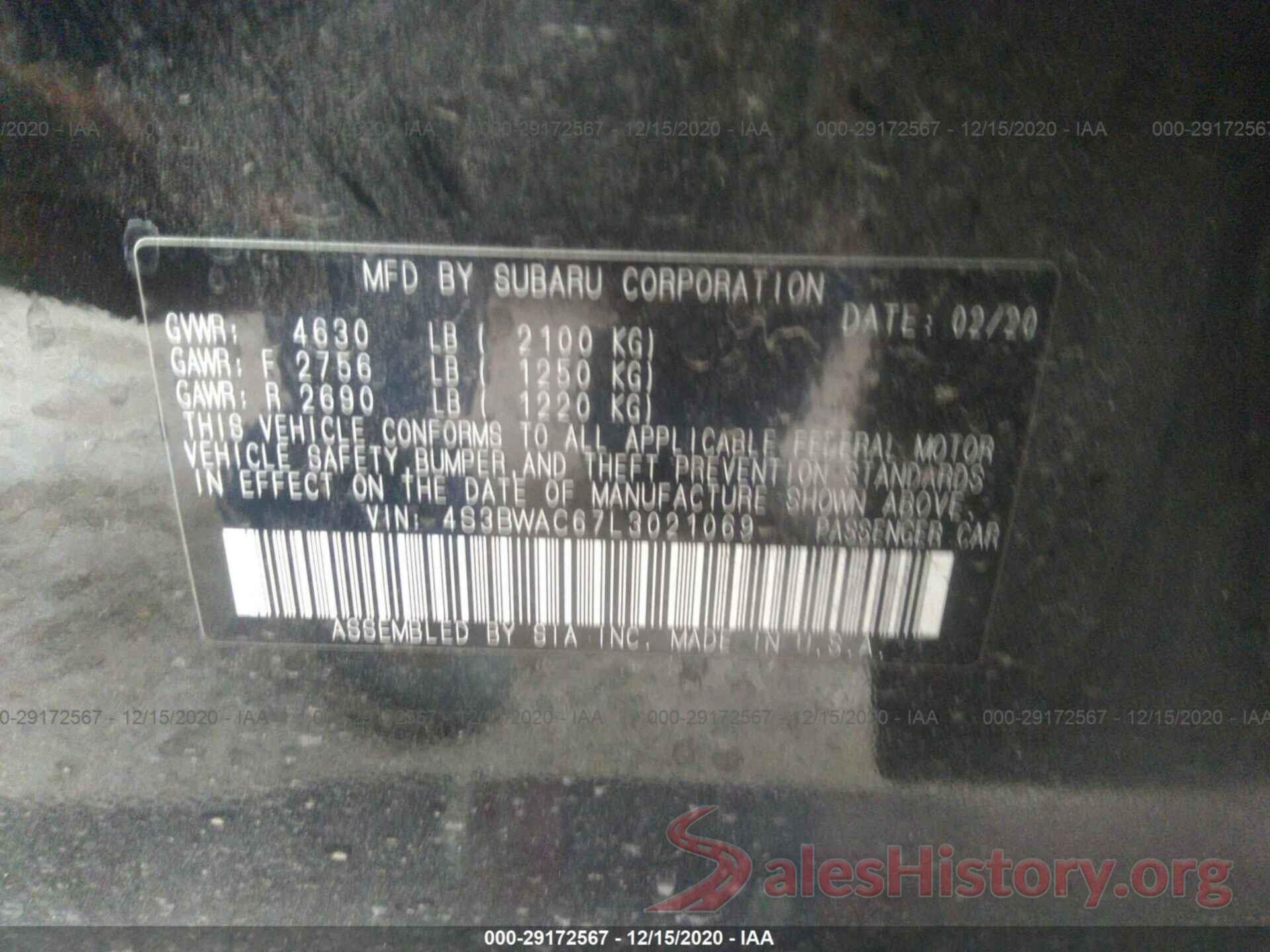 4S3BWAC67L3021069 2020 SUBARU LEGACY