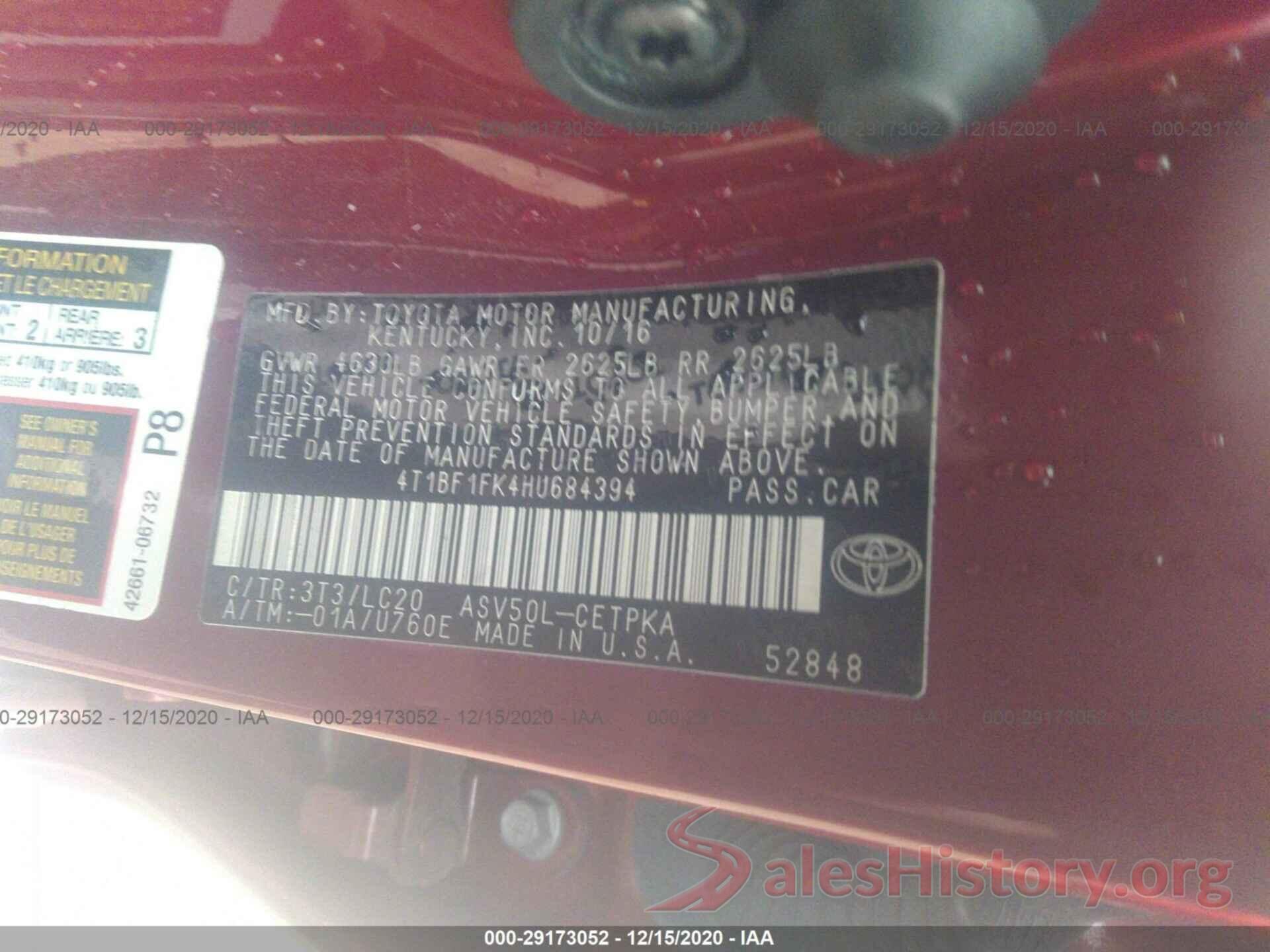 4T1BF1FK4HU684394 2017 TOYOTA CAMRY