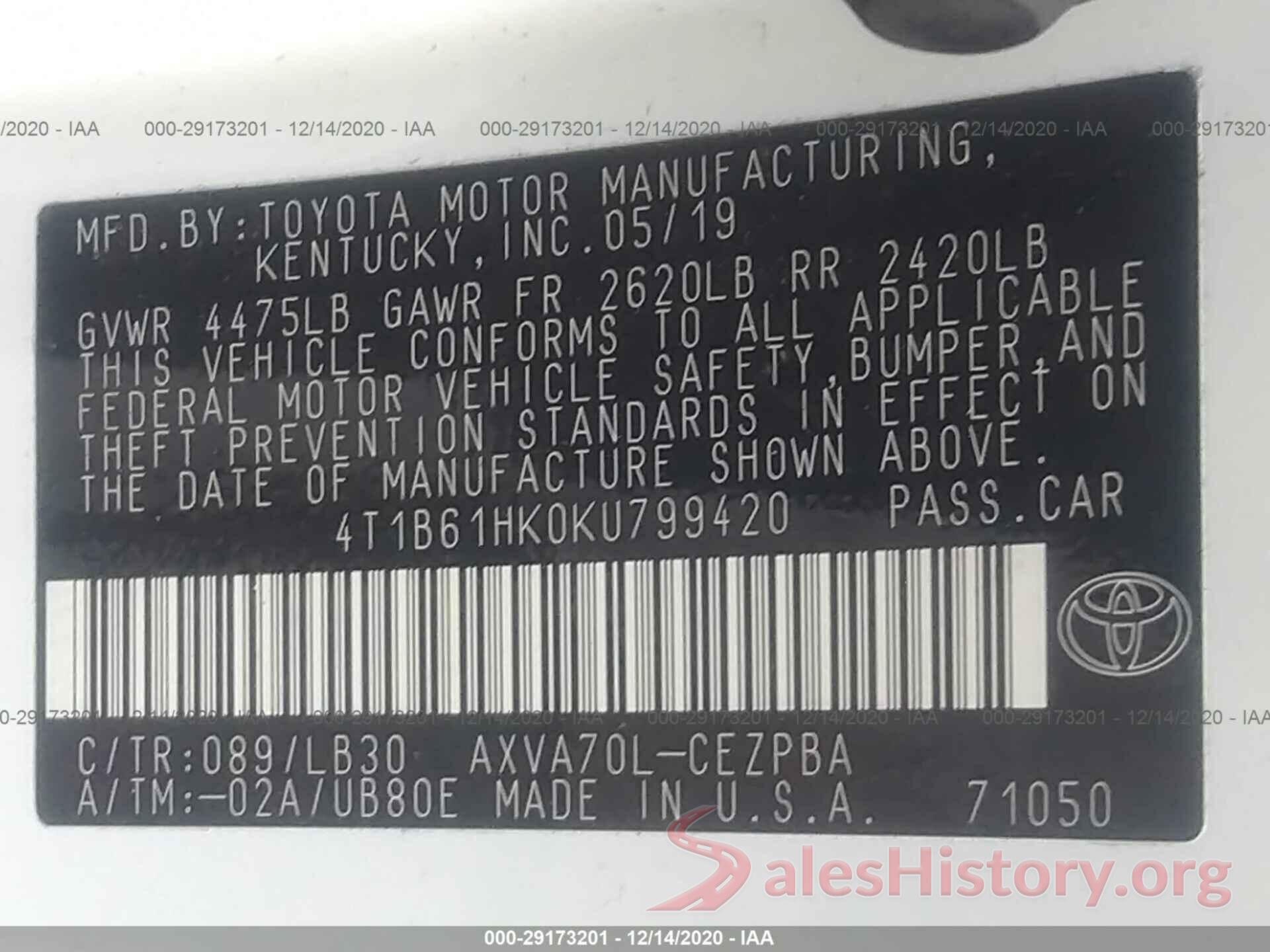 4T1B61HK0KU799420 2019 TOYOTA CAMRY