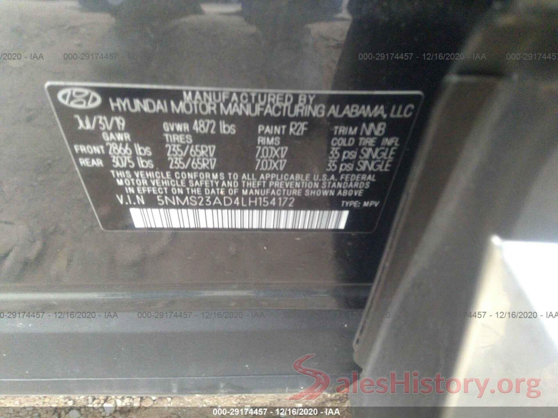 5NMS23AD4LH154172 2020 HYUNDAI SANTA FE