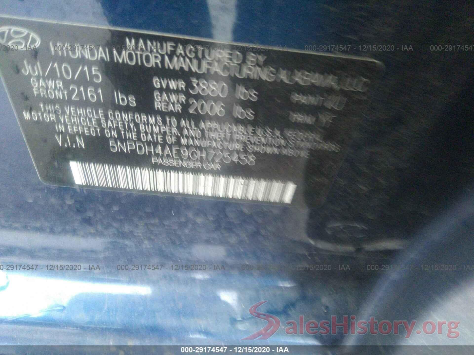 5NPDH4AE9GH725458 2016 HYUNDAI ELANTRA