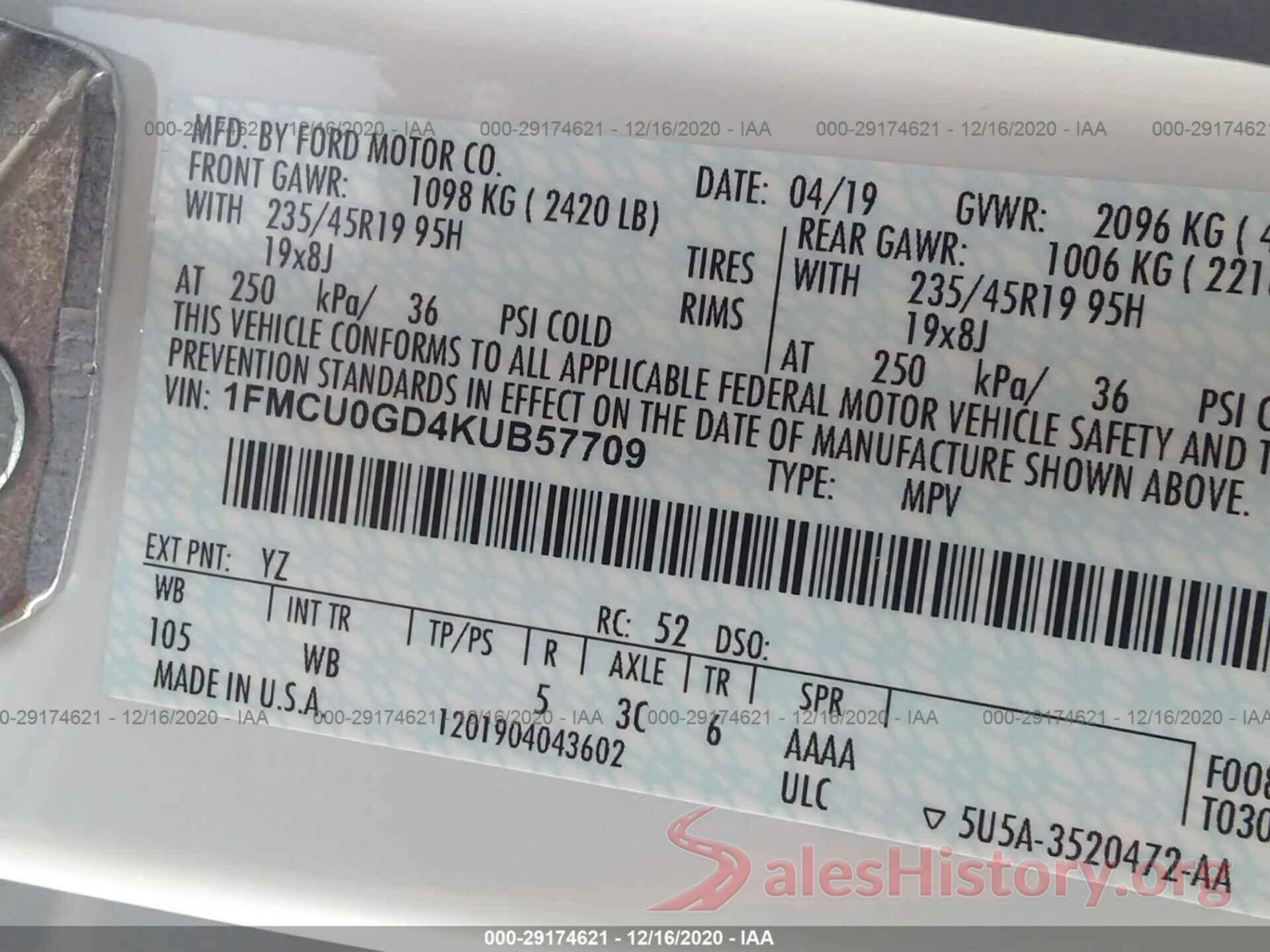 1FMCU0GD4KUB57709 2019 FORD ESCAPE