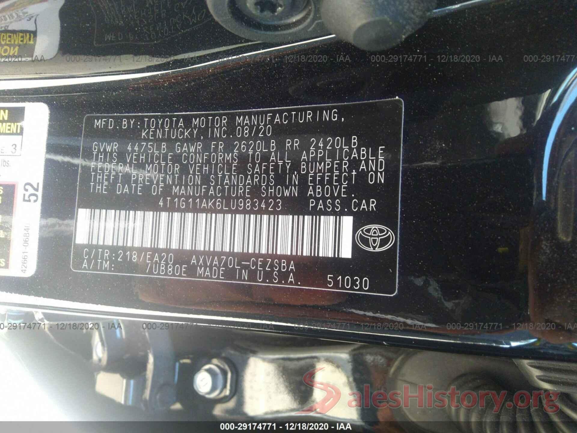 4T1G11AK6LU983423 2020 TOYOTA CAMRY