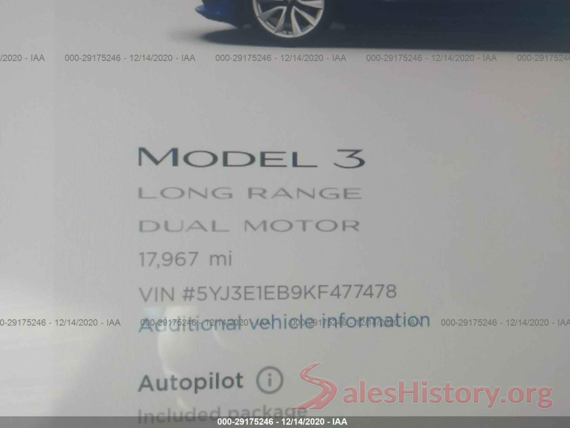 5YJ3E1EB9KF477478 2019 TESLA MODEL 3