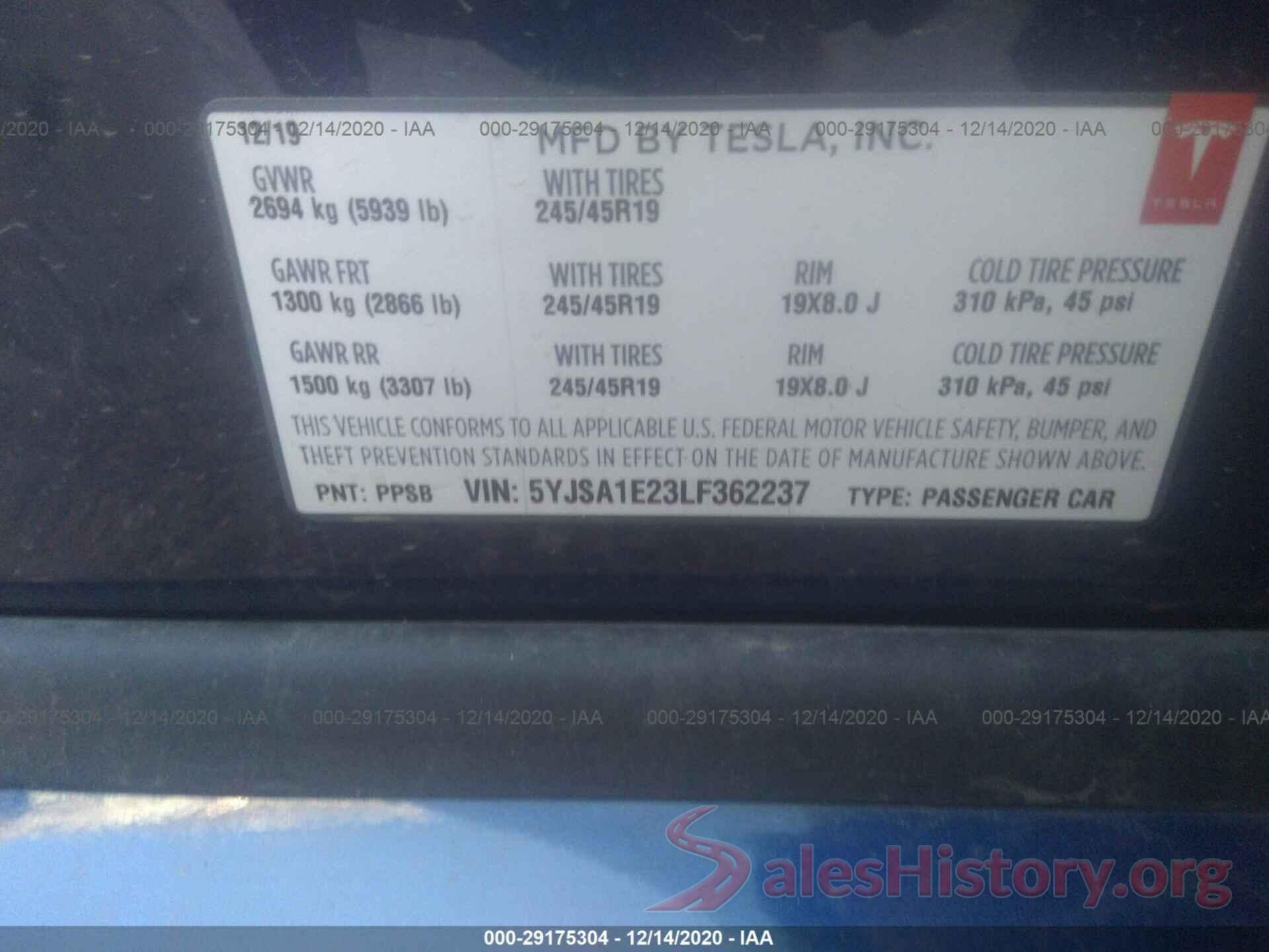 5YJSA1E23LF362237 2020 TESLA MODEL S