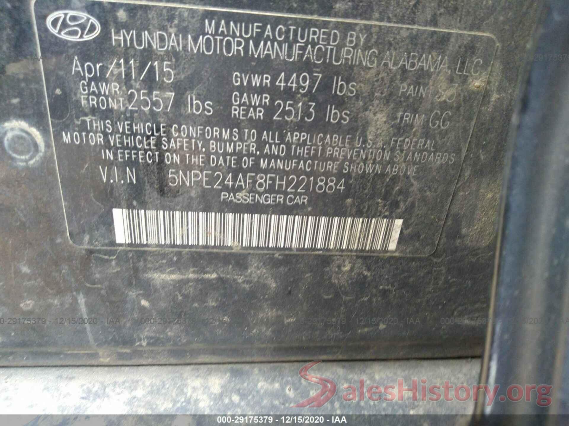 5NPE24AF8FH221884 2015 HYUNDAI SONATA