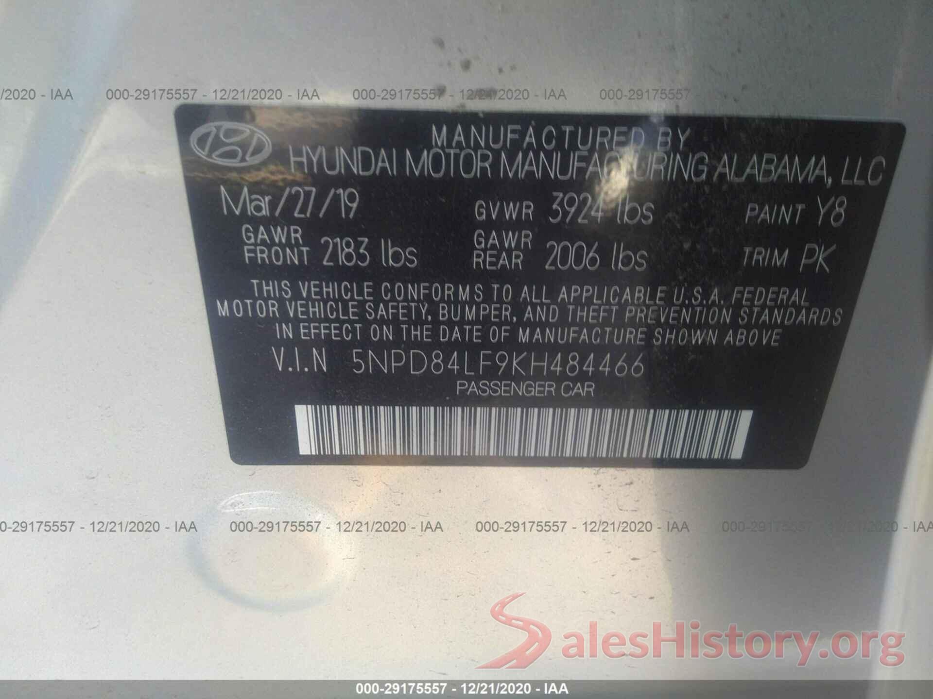 5NPD84LF9KH484466 2019 HYUNDAI ELANTRA