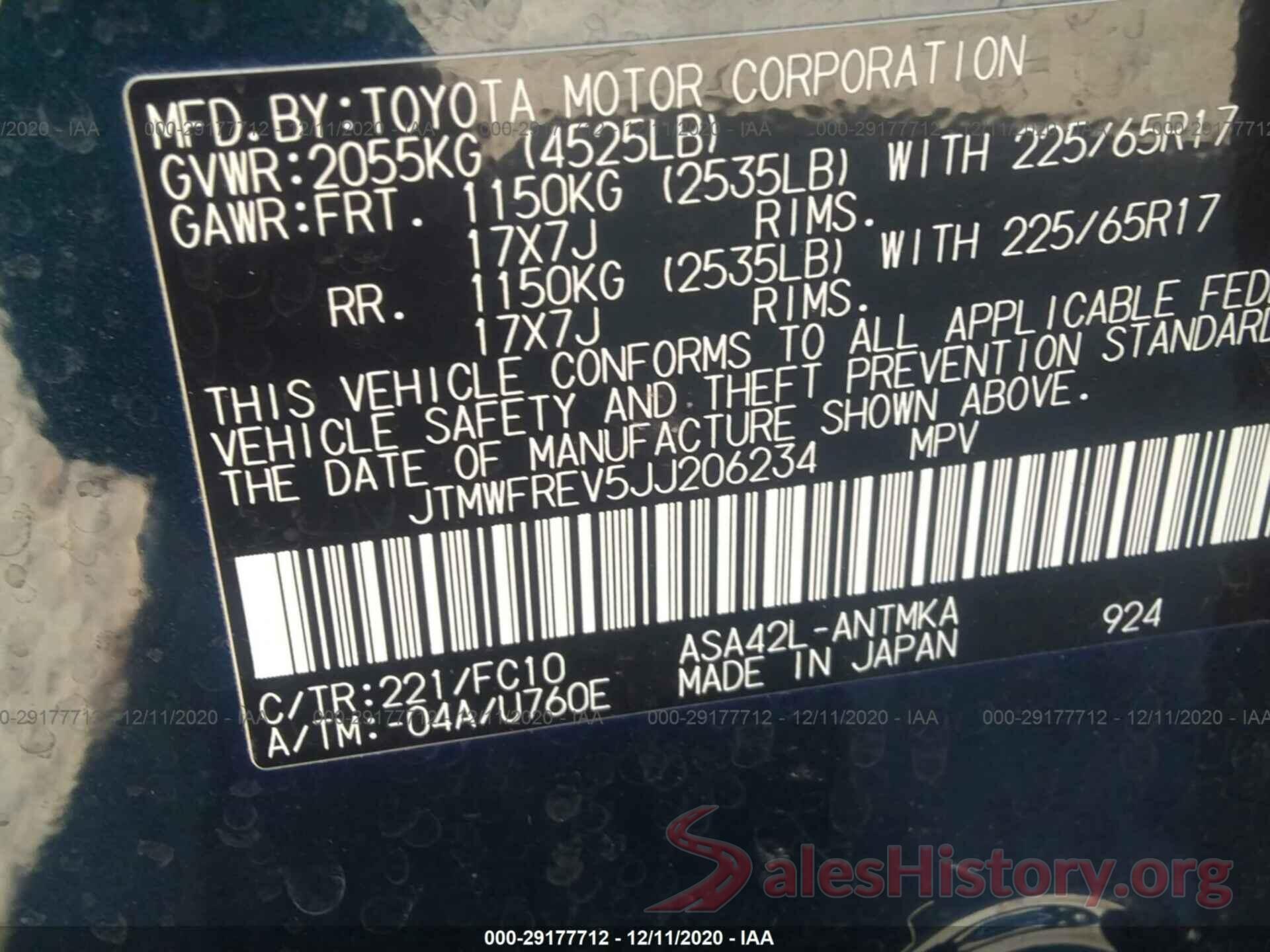 JTMWFREV5JJ206234 2018 TOYOTA RAV4