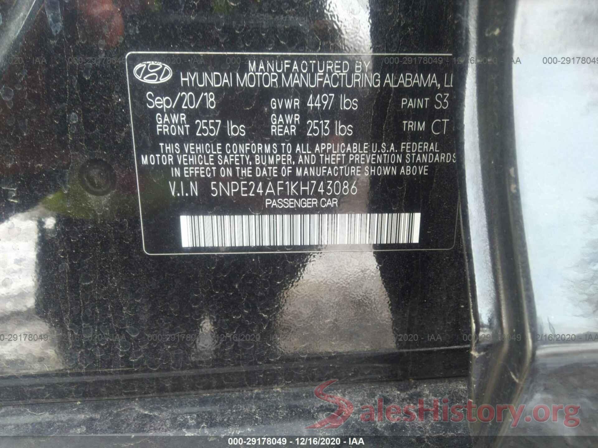 5NPE24AF1KH743086 2019 HYUNDAI SONATA