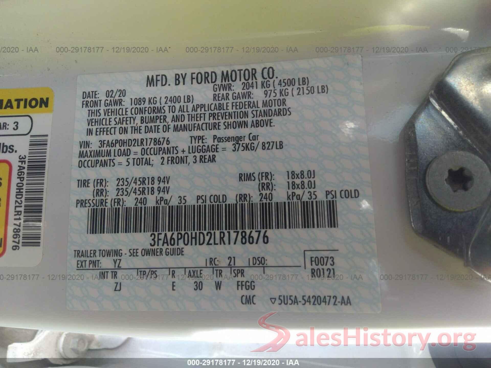 3FA6P0HD2LR178676 2020 FORD FUSION