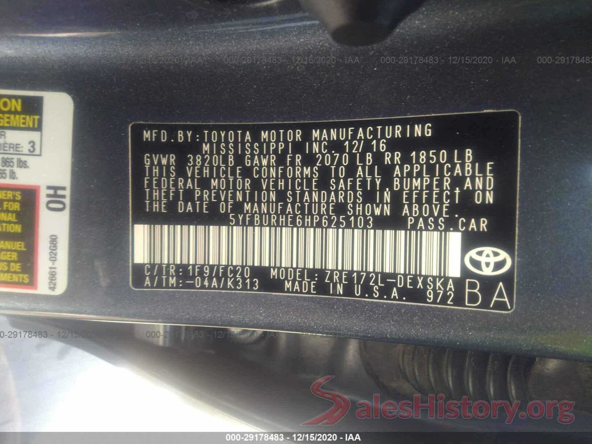 5YFBURHE6HP625103 2017 TOYOTA COROLLA