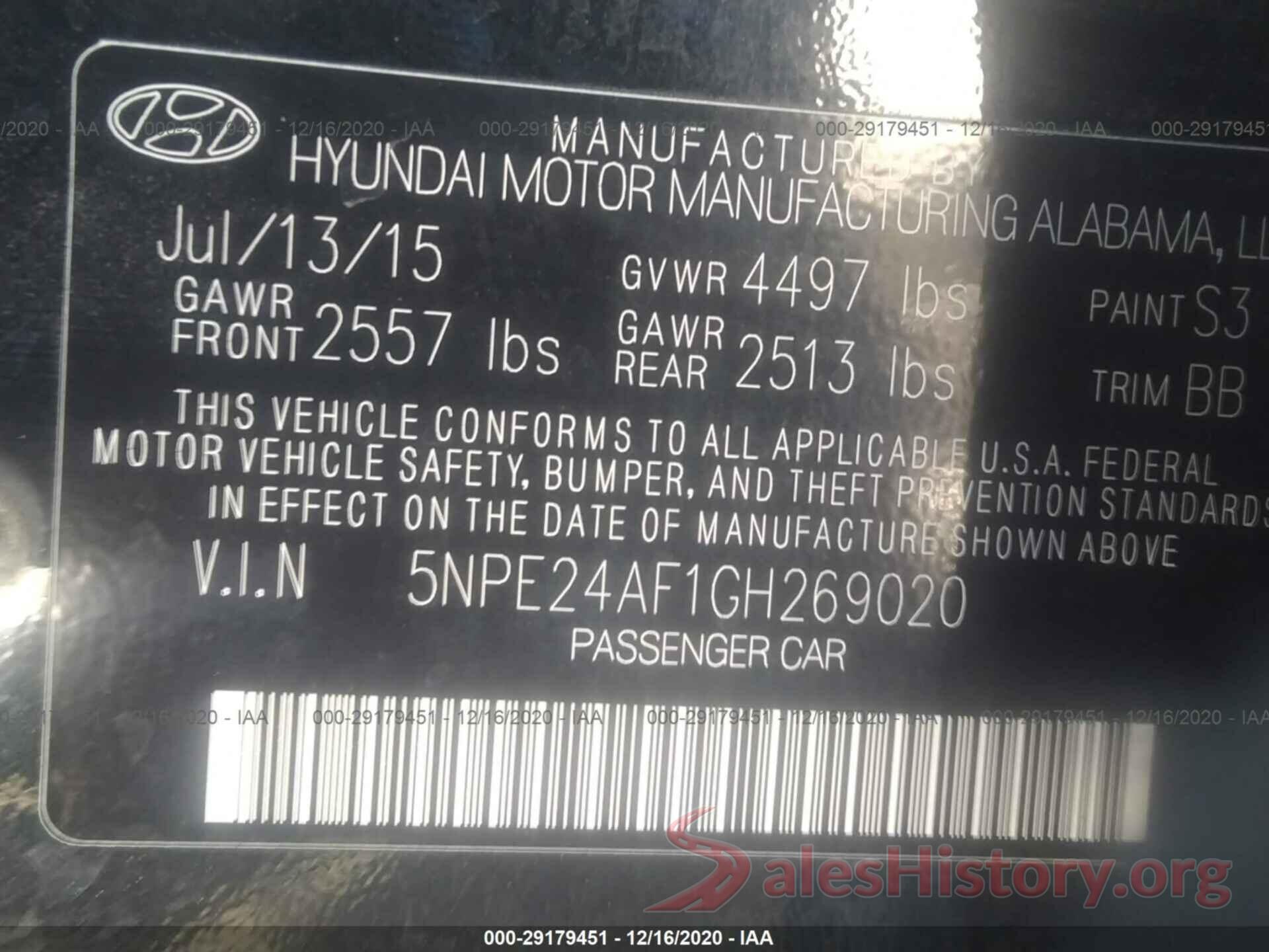 5NPE24AF1GH269020 2016 HYUNDAI SONATA