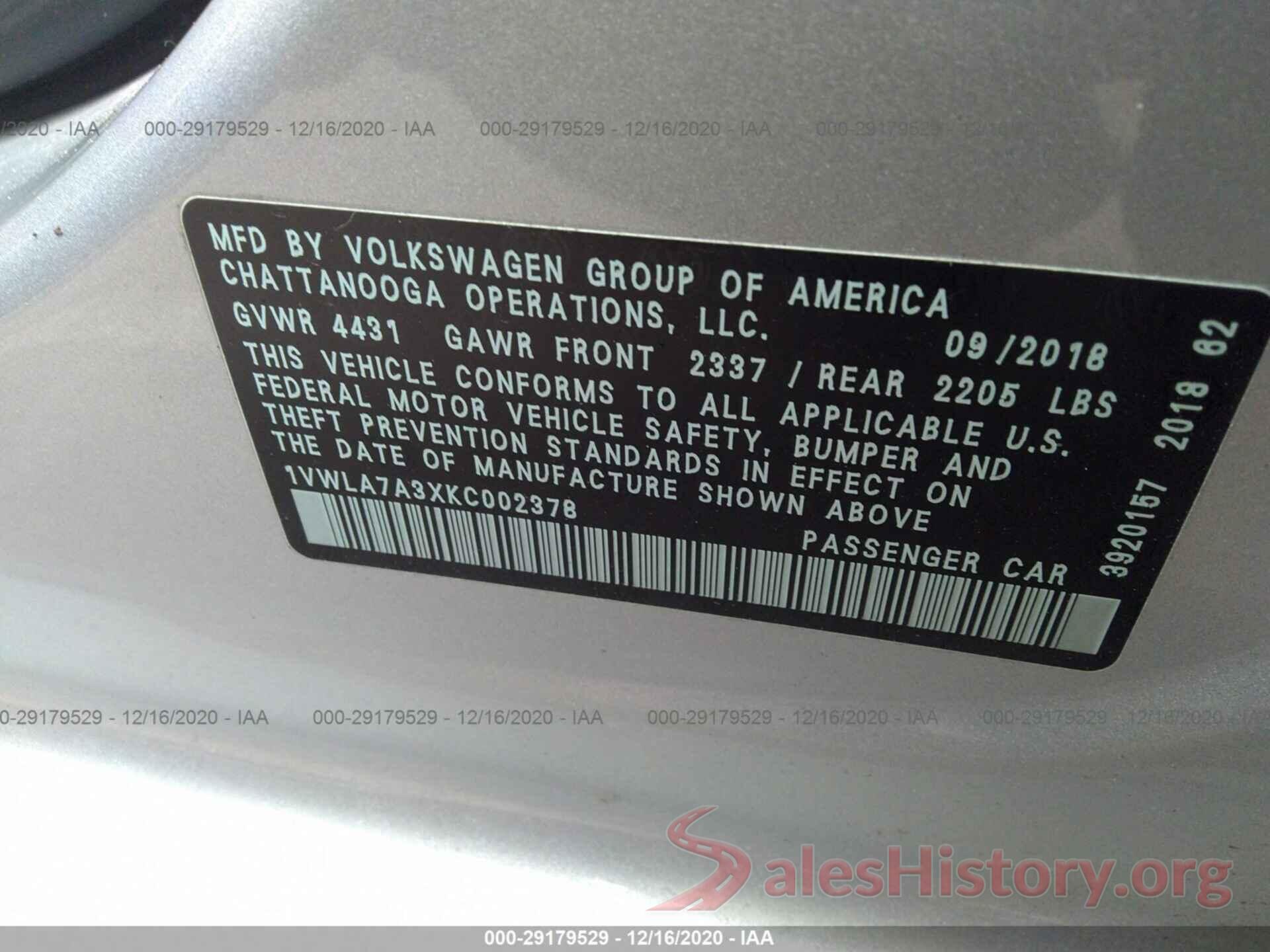 1VWLA7A3XKC002378 2019 VOLKSWAGEN PASSAT