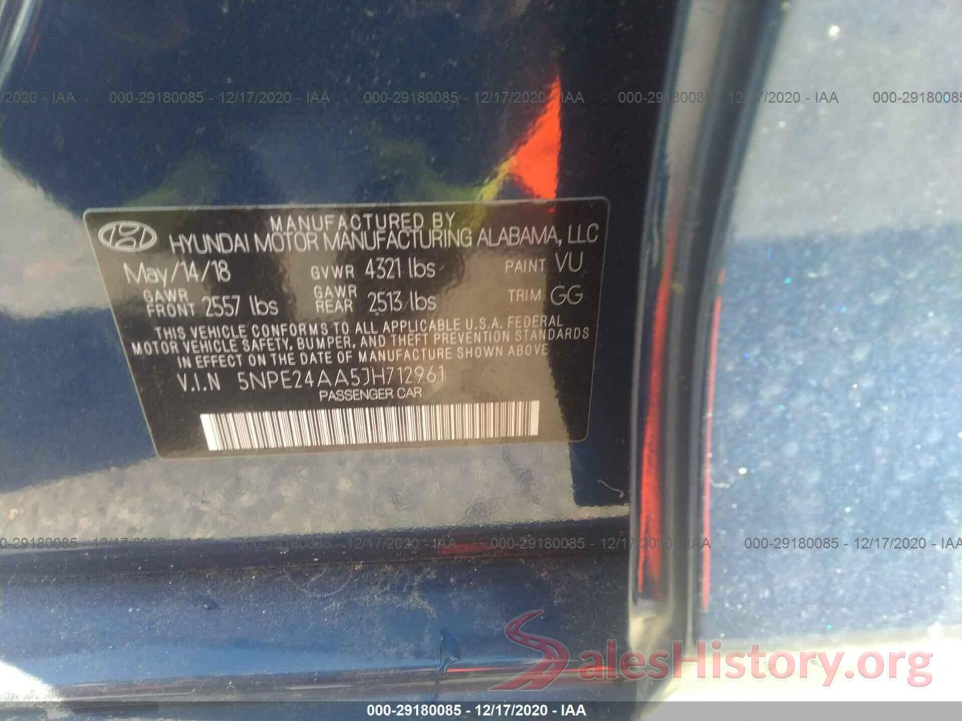 5NPE24AA5JH712961 2018 HYUNDAI SONATA