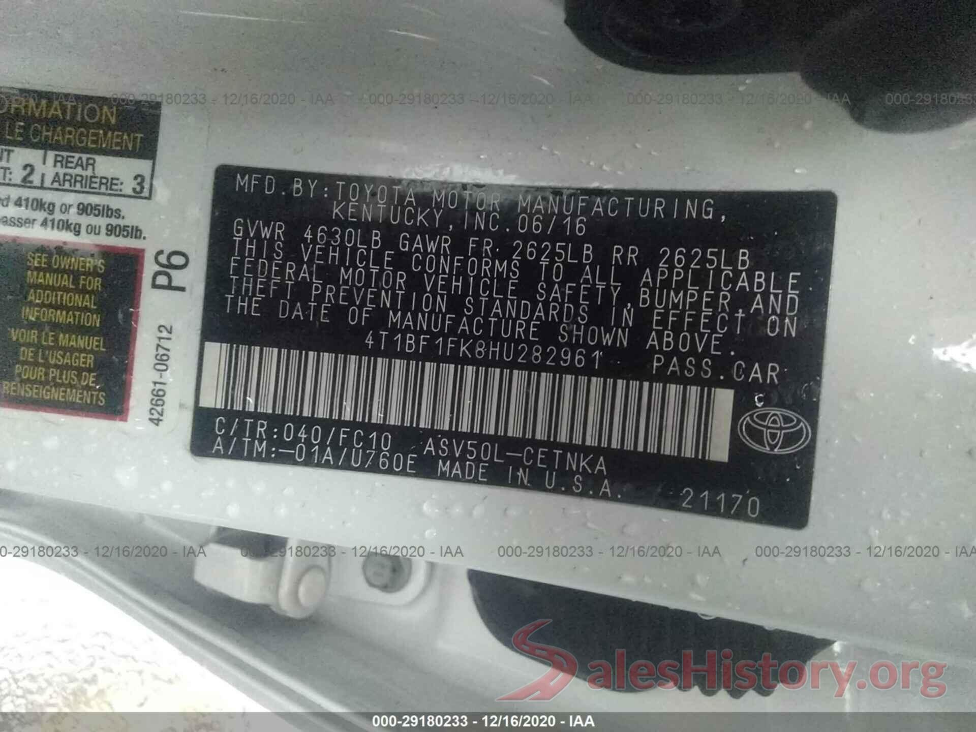 4T1BF1FK8HU282961 2017 TOYOTA CAMRY