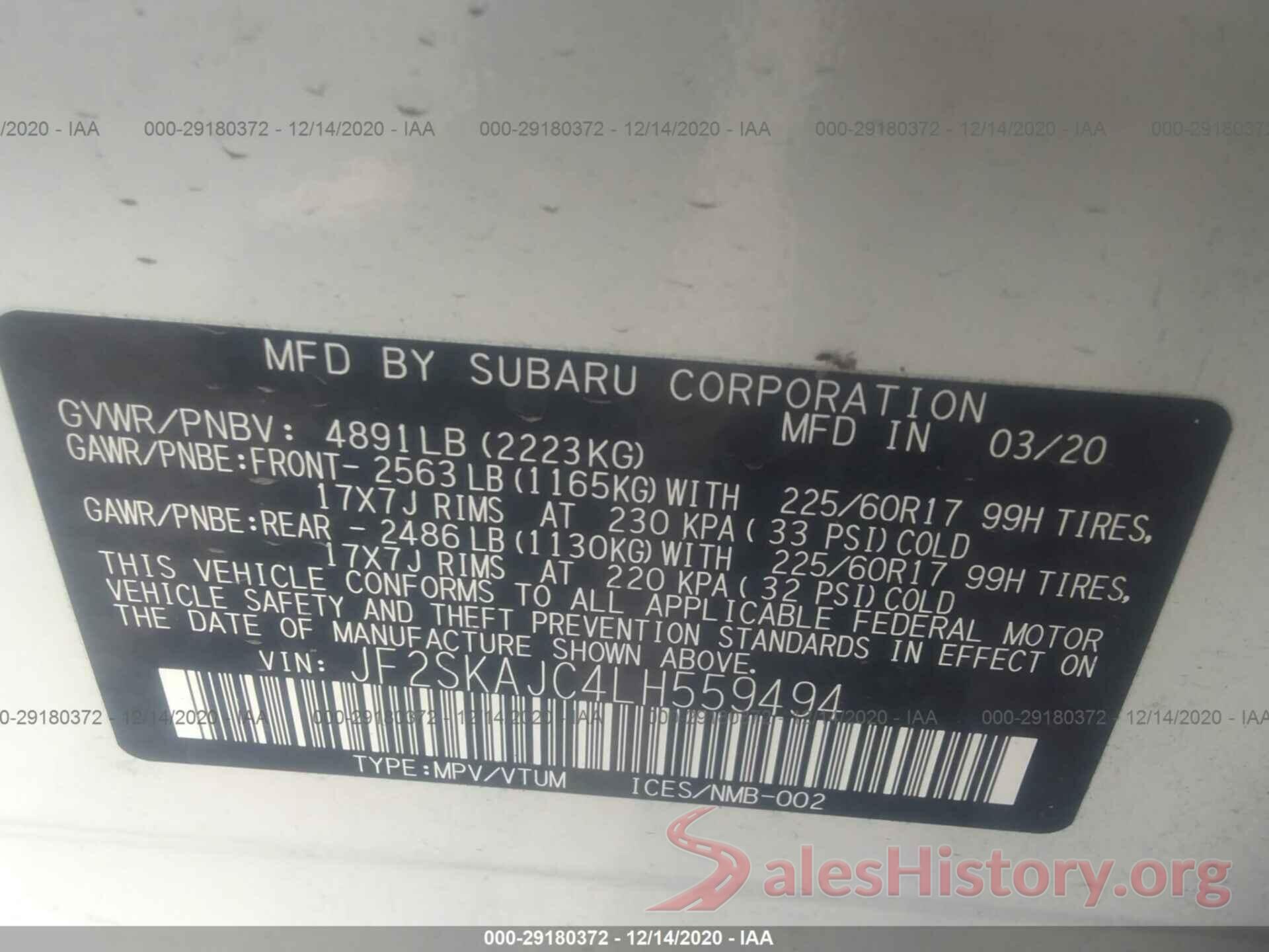 JF2SKAJC4LH559494 2020 SUBARU FORESTER