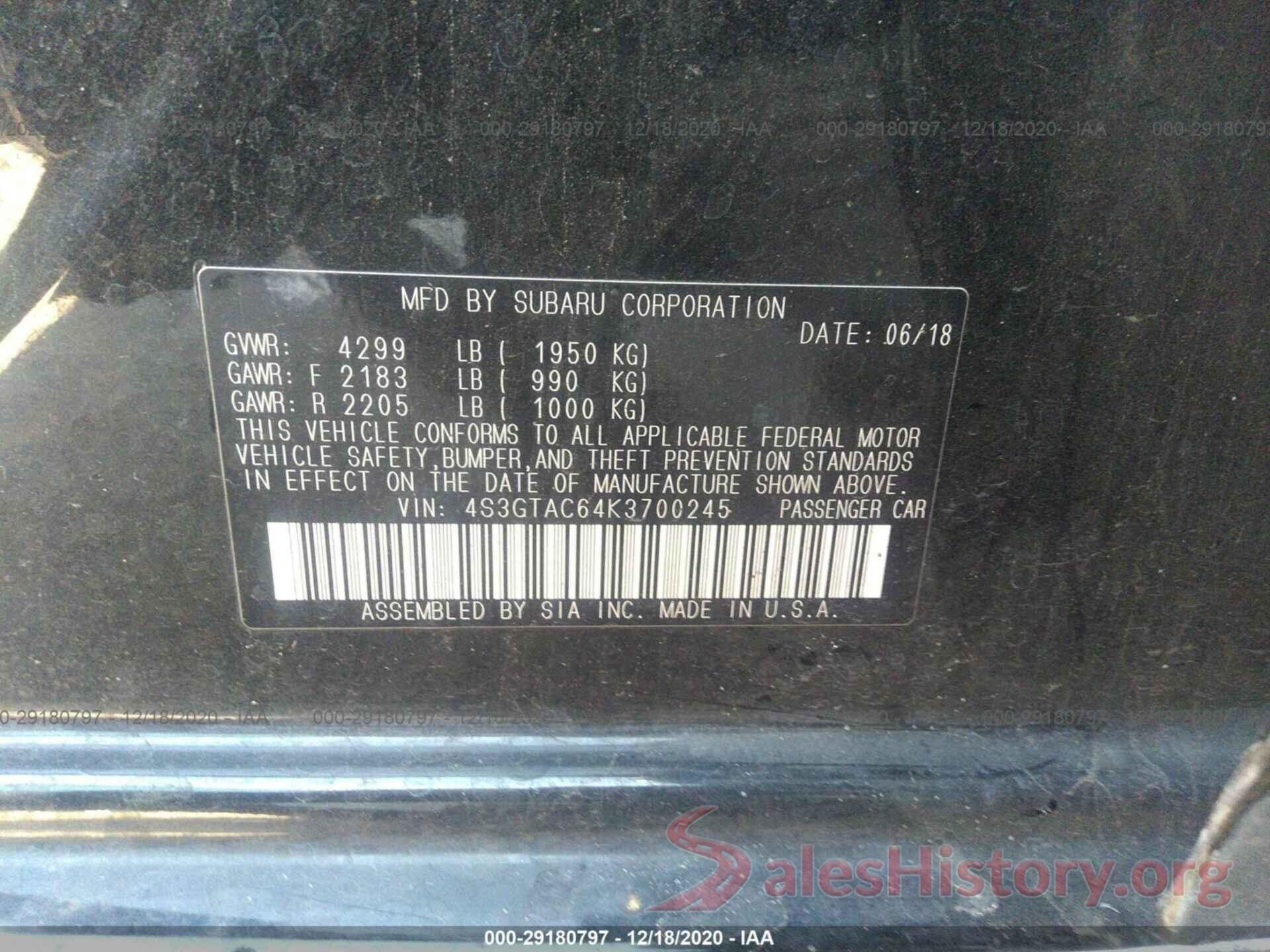 4S3GTAC64K3700245 2019 SUBARU IMPREZA