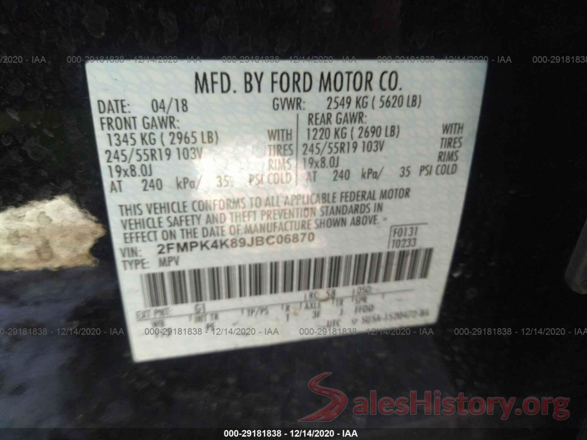 2FMPK4K89JBC06870 2018 FORD EDGE