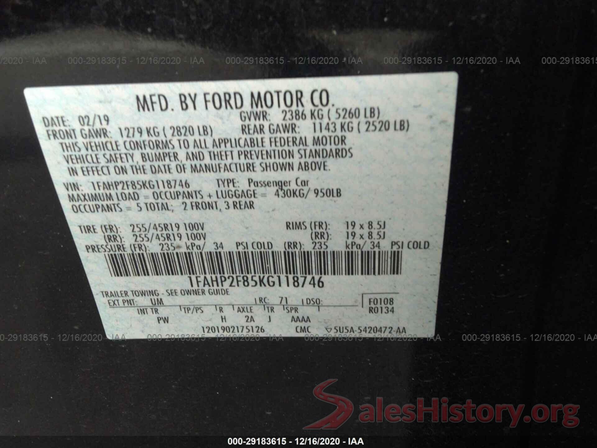 1FAHP2F85KG118746 2019 FORD TAURUS