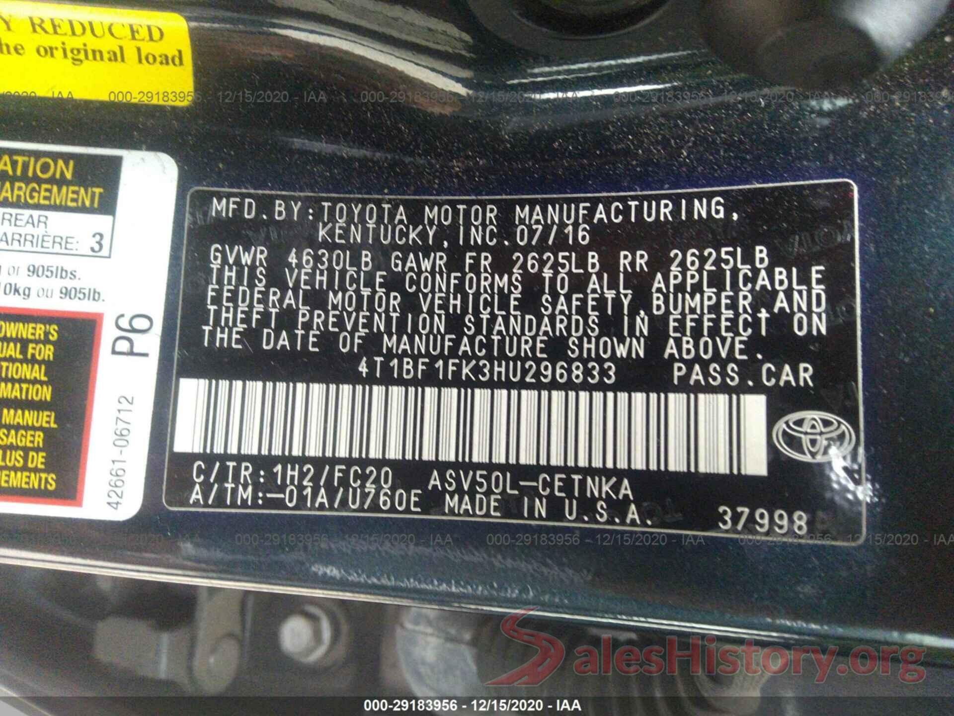 4T1BF1FK3HU296833 2017 TOYOTA CAMRY