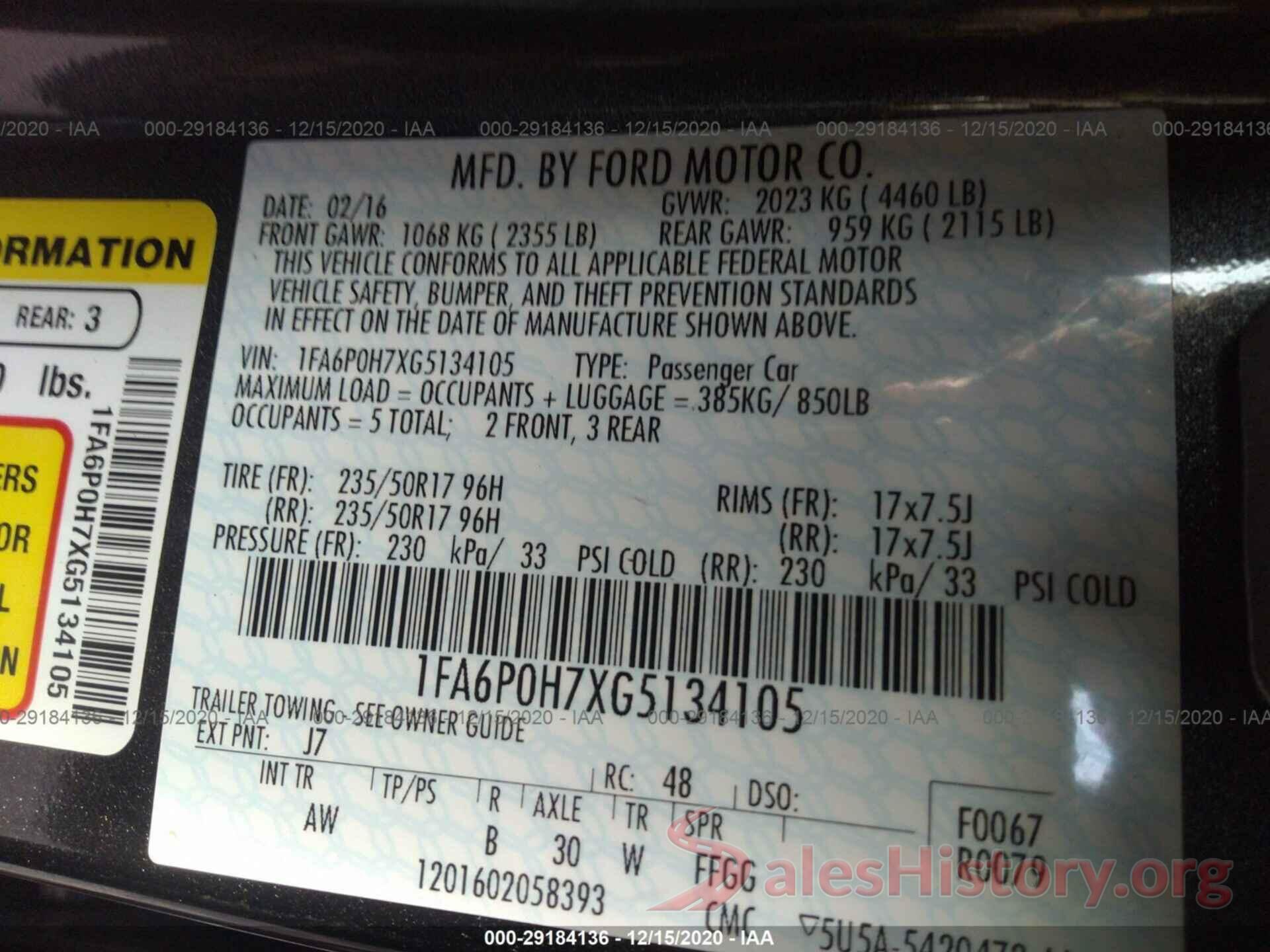 1FA6P0H7XG5134105 2016 FORD FUSION