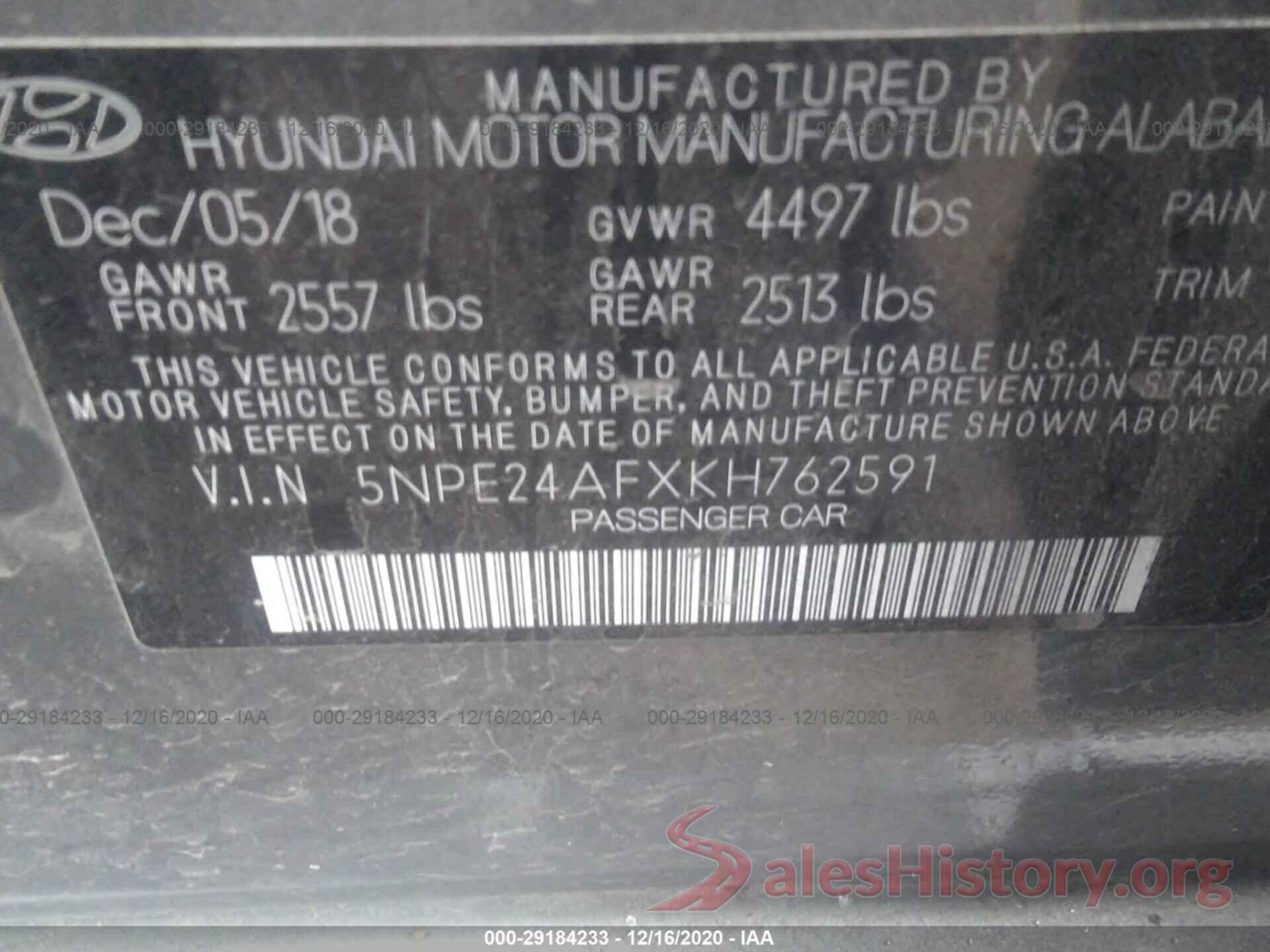 5NPE24AFXKH762591 2019 HYUNDAI SONATA