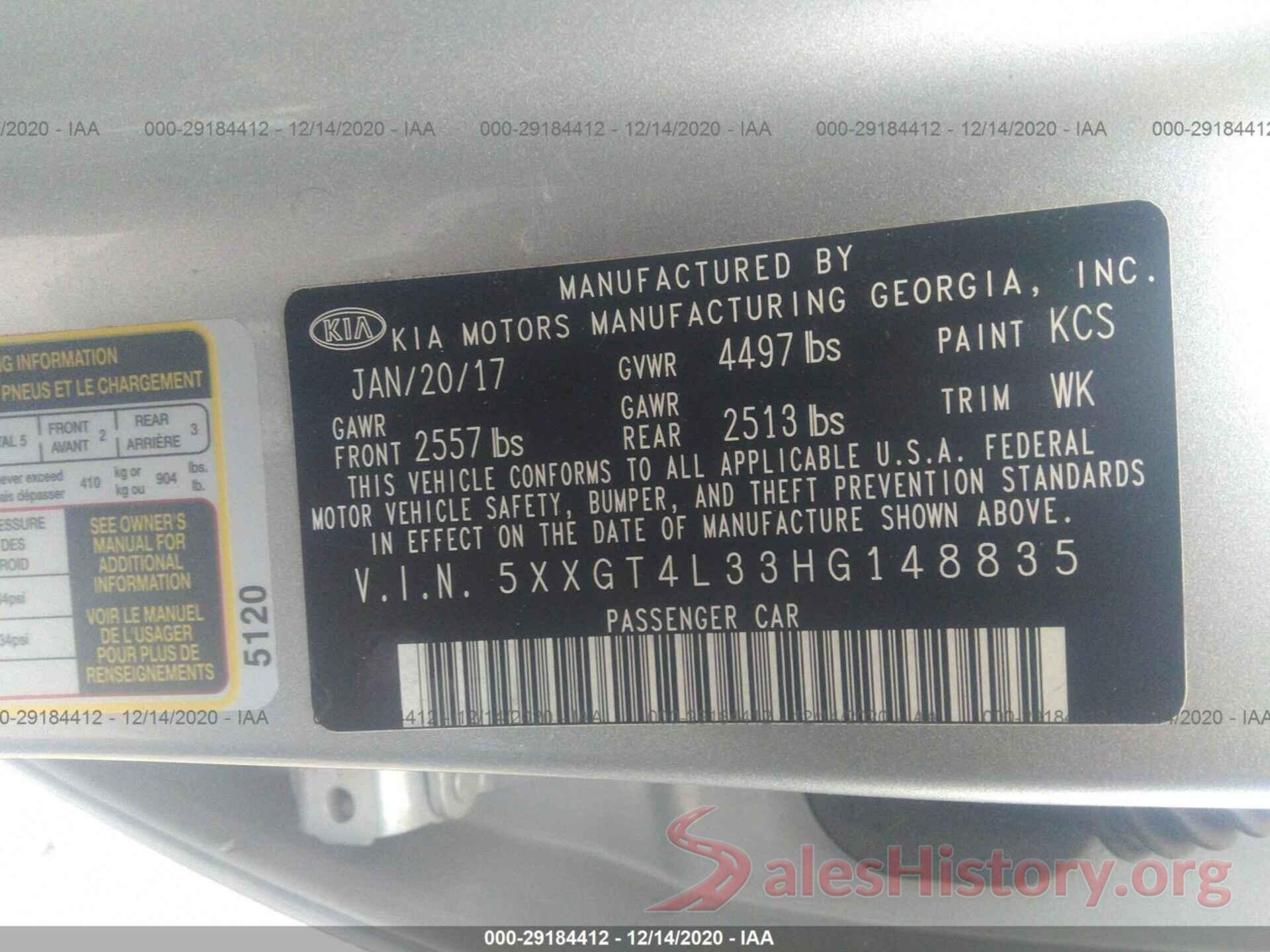 5XXGT4L33HG148835 2017 KIA OPTIMA