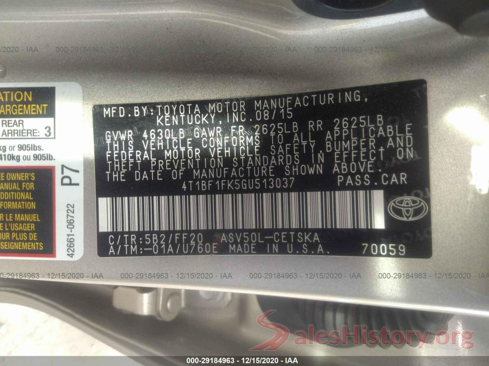 4T1BF1FK5GU513037 2016 TOYOTA CAMRY