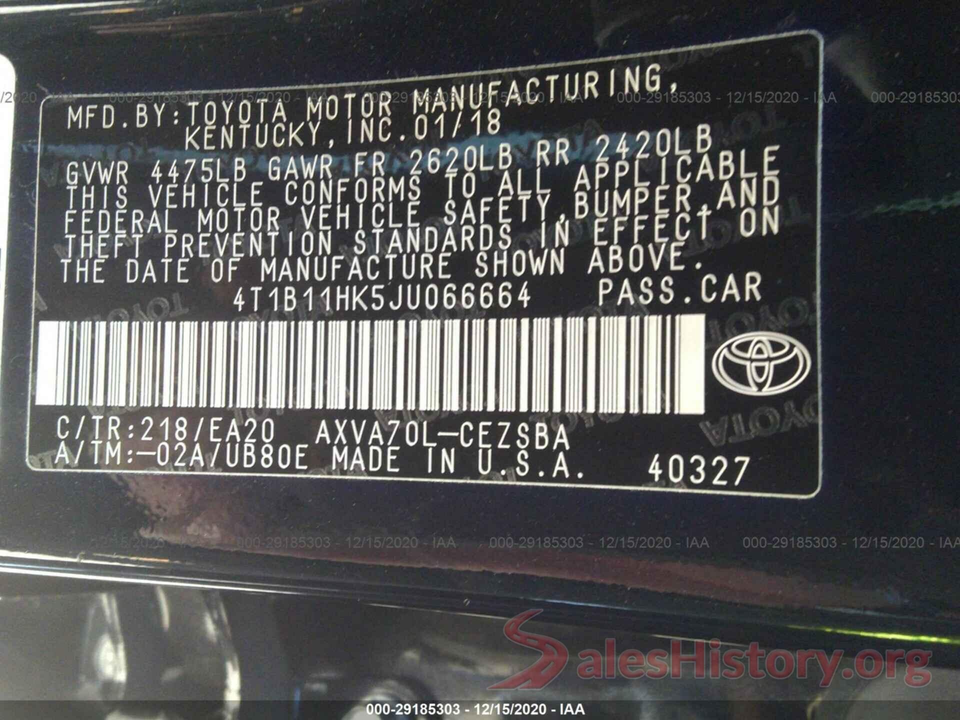 4T1B11HK5JU066664 2018 TOYOTA CAMRY