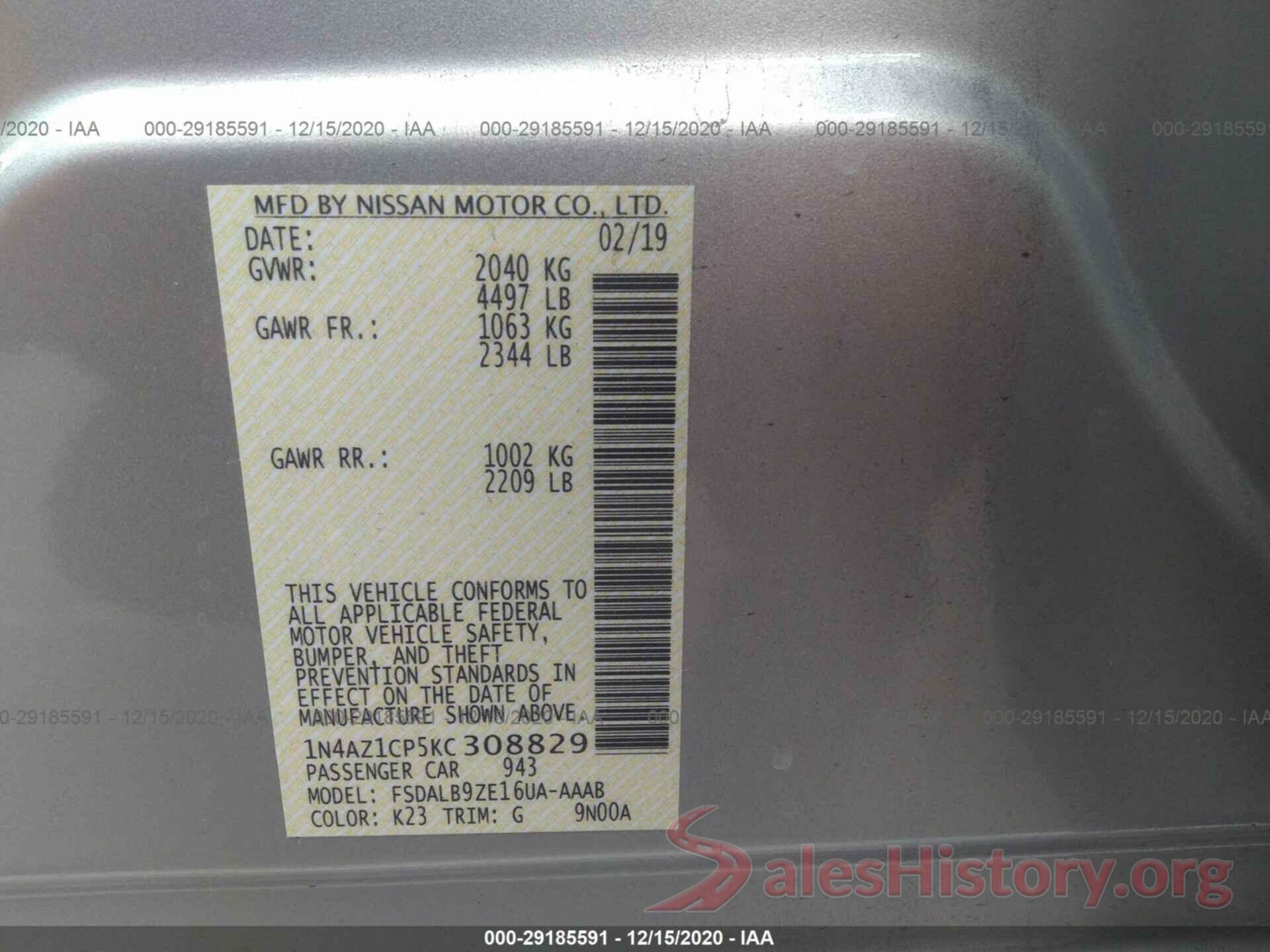 1N4AZ1CP5KC308829 2019 NISSAN LEAF